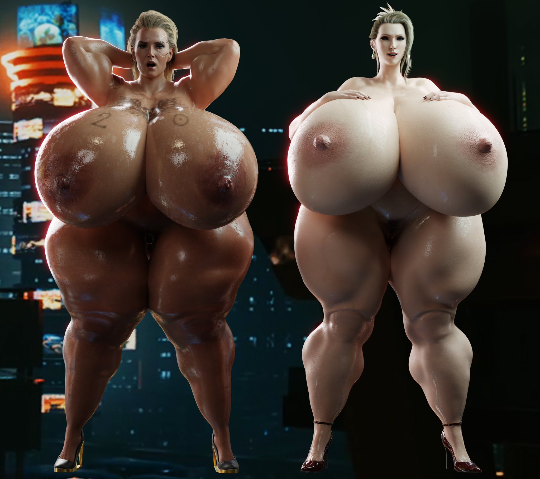 1girls, 2girls, 3d, ass, big ass, big breasts, big thighs, bolt on tits, breast implants, breasts, bust, busty, cd projekt red, crossover, curvaceous, curvy, curvy figure, cyberpunk (series), cyberpunk 2077, eastern and western character, enhanced breasts, fake breasts, female, final fantasy, final fantasy vii, hips, hourglass figure, huge ass, huge breasts, huge thighs, large ass, large breasts, large thighs, legs, light skin, light-skinned female, mature, mature female, meredith stout, scarlet (ffvii), silicone, silicone implants, slim waist, spookieshade, square enix, thick, thick hips, thick legs, thick thighs, thighs, voluptuous, waist, wide hips, wide thighs