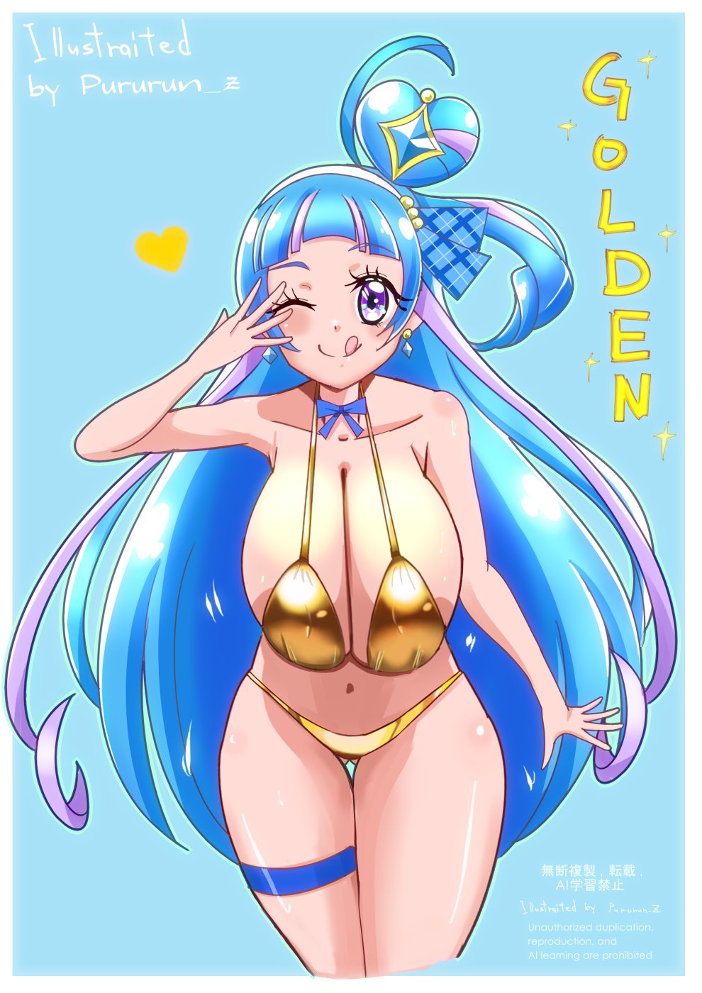 aged_up aokaze_nana ass_visible_through_thighs big_ass big_breasts bikini breasts cure_wink golden_bikini huge_breasts kimi_to_idol_precure precure pretty_cure pururun_z tongue_out wink winking