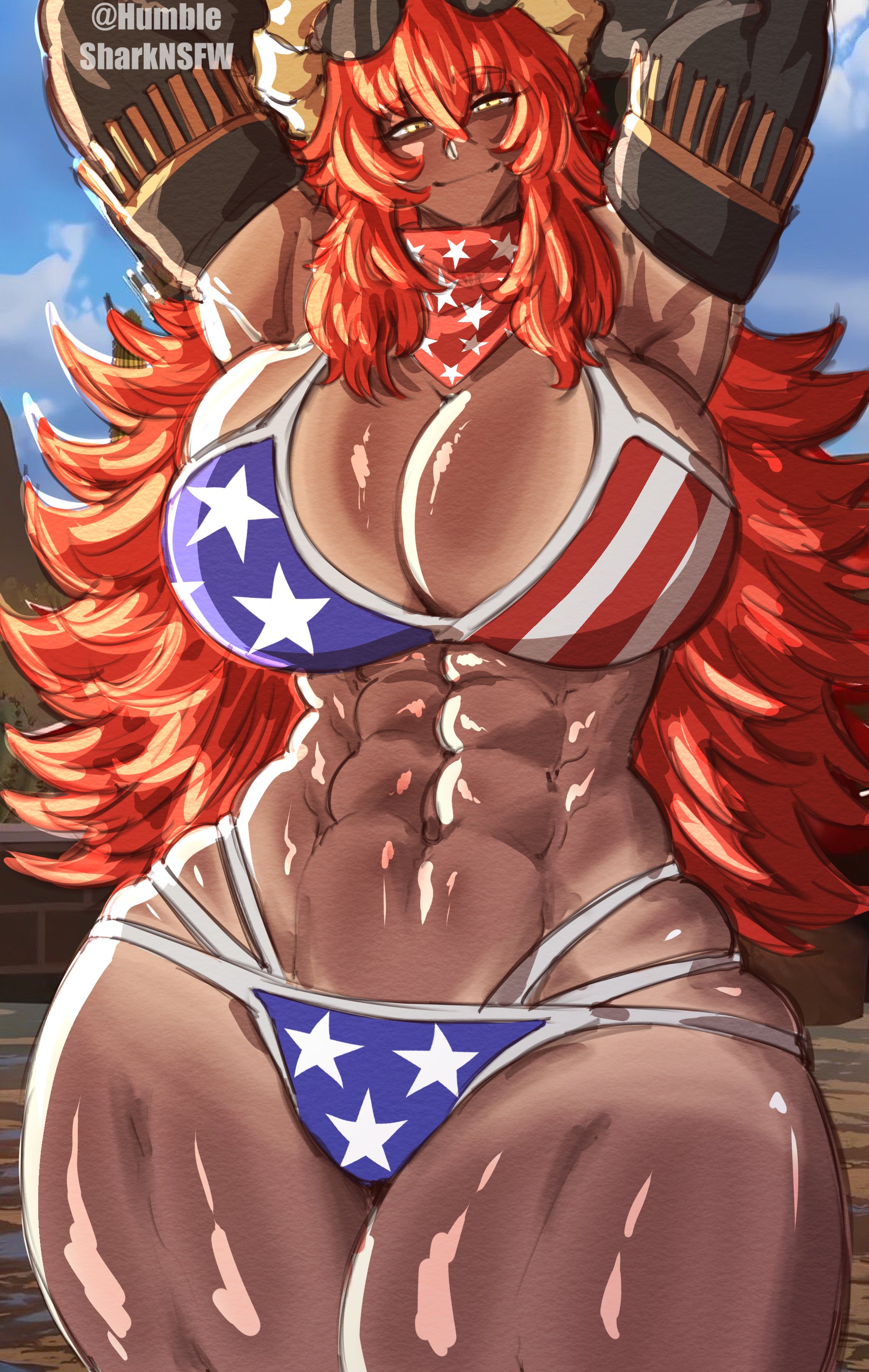 american flag bikini, athletic, athletic female, breasts, dragon horns, dragon tail, female, huge breasts, humble shark, red hair, tan body, virtual youtuber, vshojo, zentreya, zentreya (cowboy bikini), zentreya (dragon)