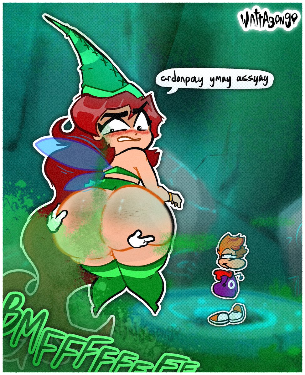 1boy, 1girls, 2020s, 2025, 2025s, ass, betilla (rayman), big ass, big butt, blushing, blushing female, bottom heavy, bottom heavy female, bracelet, bubble ass, bubble butt, cupping ass, cupping butt, curvaceous, curvy body, curvy female, curvy thighs, disembodied hands, excuse me, eyebrows, eyebrows visible through hair, fairy wings, fart, fart fetish, farting, fat ass, fat butt, female, floating hands, flying, freckles, freckles on ass, freckles on face, gassy, gassy female, green background, green gas, green gas cloud, green hat, green skirt, green thighhighs, green-haired female, hands on ass, hat, huge ass, humanoid, light skin, light-skinned female, looking back, looking back at ass, looking back at self, male, no limbs, non-human, note translated, nymph (rayman), onomatopoeia, orange hair, outdoors, outside, pear shaped, pear-shaped figure, pig latin, purple jacket, raised eyebrow, rayman, rayman (series), rayman origins, red hair, red-haired female, redhead female, shortstack, smile, smiling at another, smirk, smirking at another, thick eyebrows, twitter link, ubisoft, watermark, wattabongo, wings, yellow body