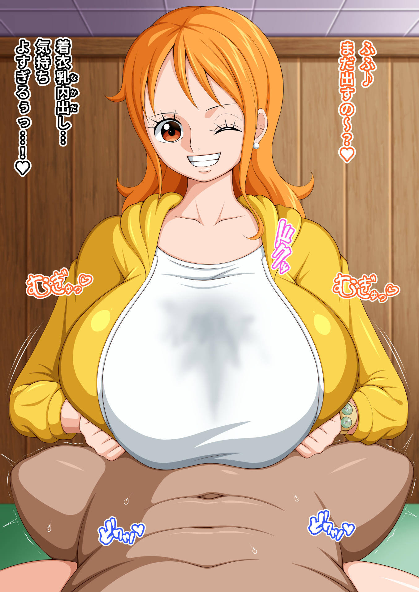 boner, boobjob, breasts, clothing, cum, cum on breasts, cum on face, erection, female, japanese text, koktter, male, nami (one piece), nipples, one piece, one-piece, paizuri, penis, penis between breasts, text, titsjob, translation request