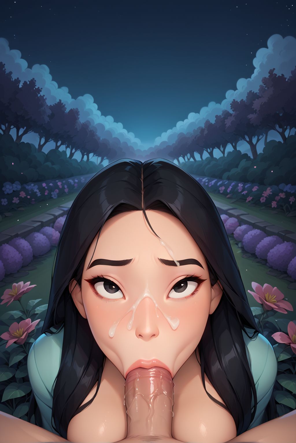 :>=, 1boy, 1girls, ai generated, artist name, asian, asian female, black eyes, black hair, blowjob, breasts, cum, cum in mouth, disney, disney princess, fa mulan, facial, fellatio, female, flower, forehead, hi res, large breasts, long hair, looking at viewer, male, mulan, mulan (1998 film), night, oral, outdoors, parted hair, penis, pov, pov crotch, rule34lab, sky, solo focus, straight, uncensored, veins, veiny penis