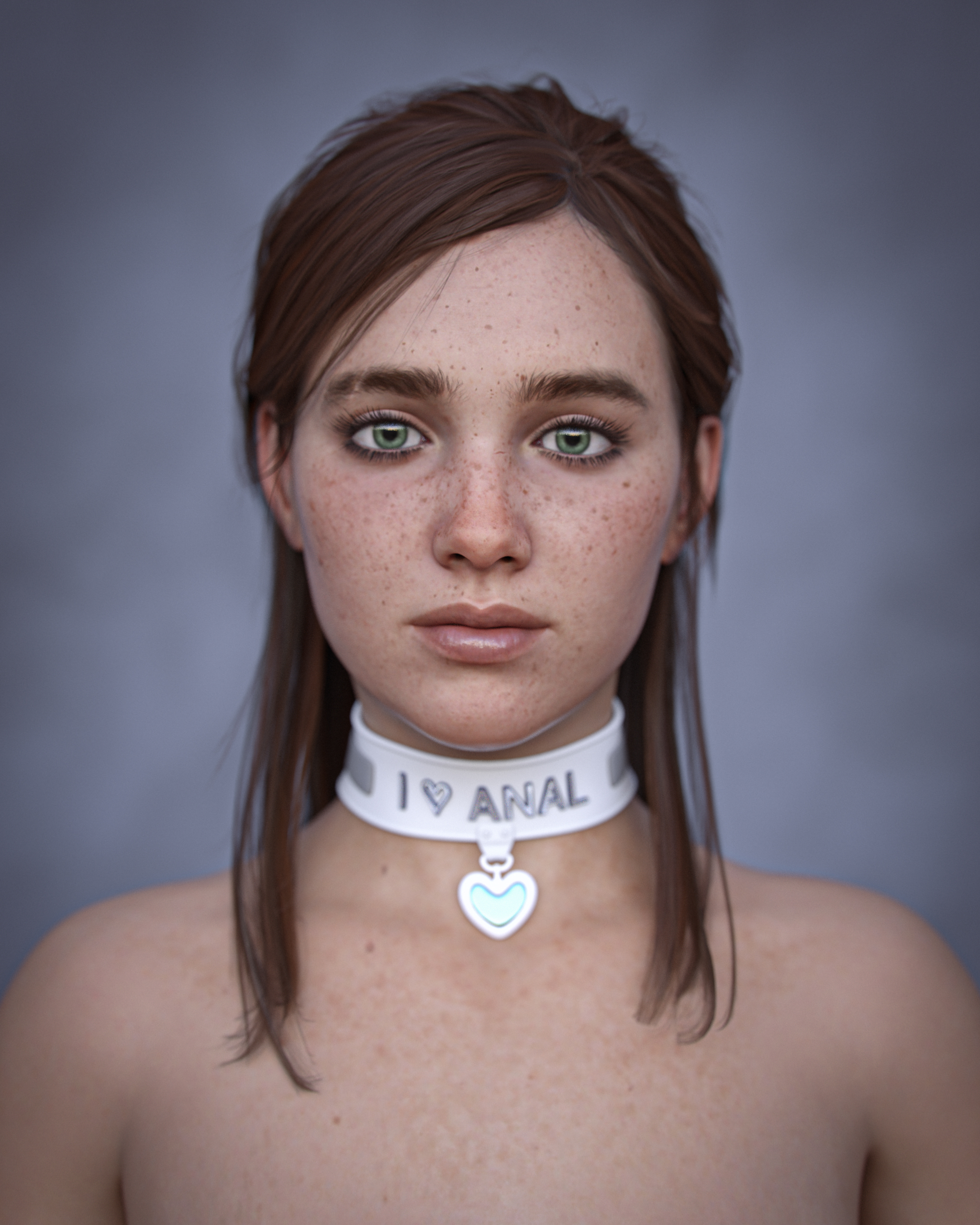 3d, athletic, athletic female, bare shoulders, blue eyes, brown hair, choker, collar, ellie (the last of us), ellie williams, english text, female, female focus, female only, freckles, long hair, mugshot, nina3dx, slut collar, tagme, text, the last of us, the last of us 2