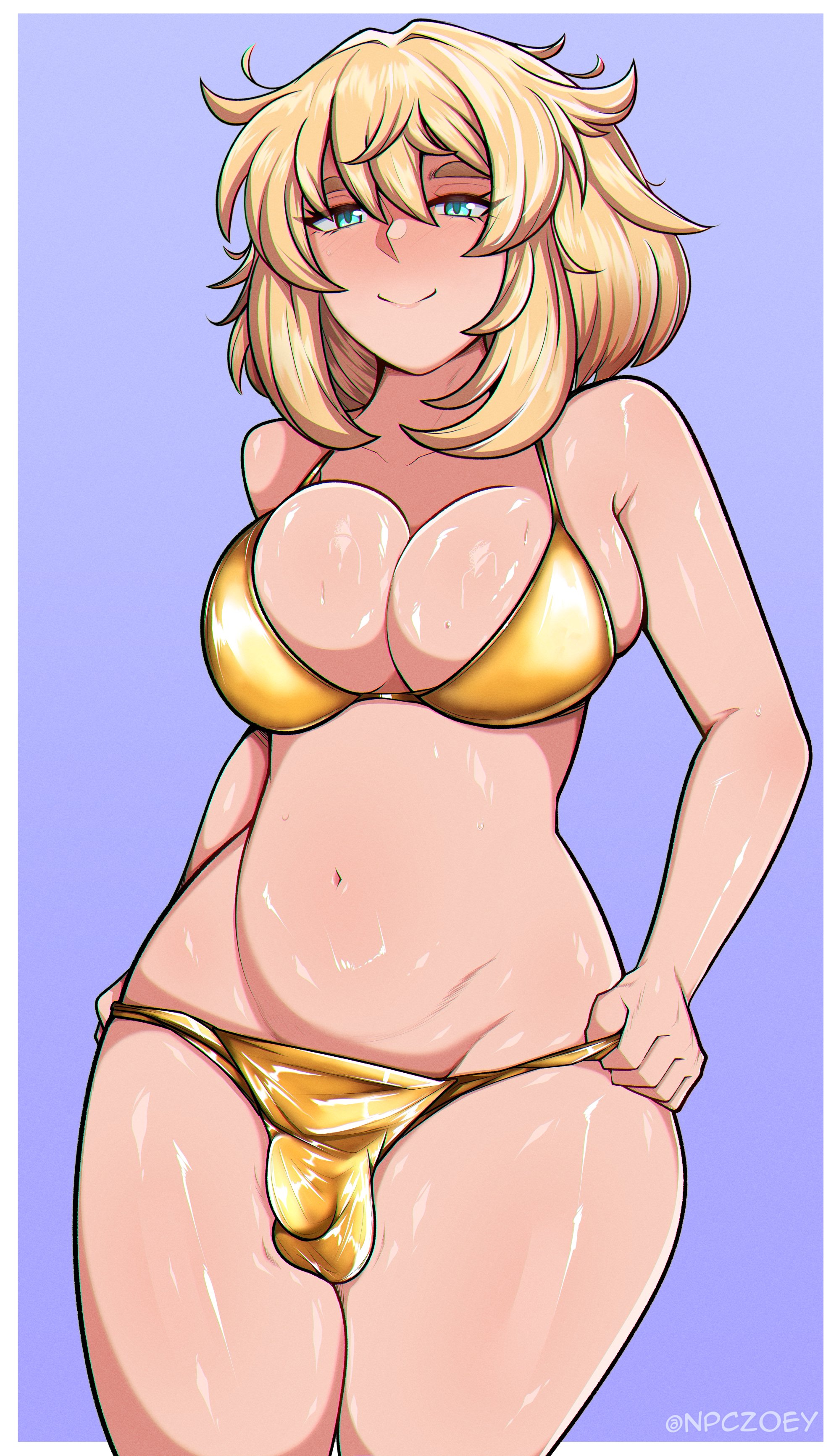 1futa, bikini, blonde hair, blue eyes, blush, breasts, bridget, bulge, clothed, clothing, dickgirl, futa only, futanari, gold bikini, golden week, guilty gear, intersex, mostly nude, npczoey, sweat, tagme, teenager, trans, trans woman, transfem, transgender, transgender woman