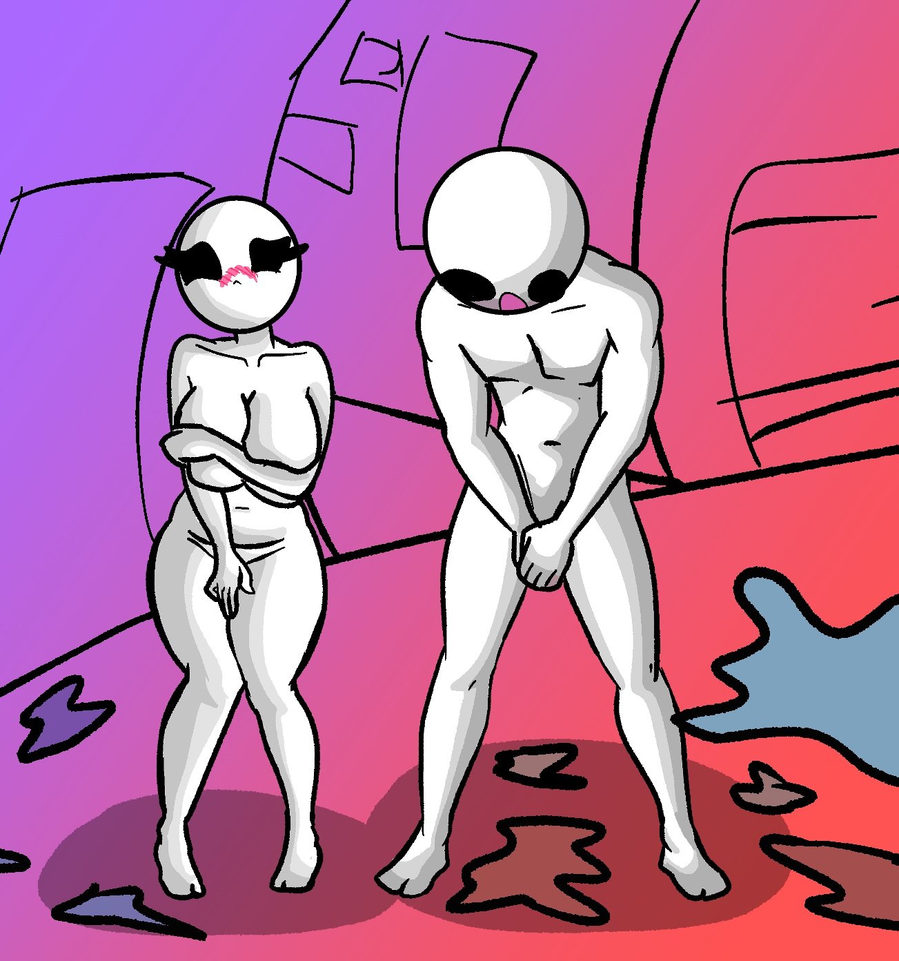 1boy, 1girls, absolutely nothing on, background, bald, bald female, barefoot, big breasts, black eyes, blush, blushing, both sexes in same situation, breasts, breasts bigger than head, chetoh, chubby, chubby female, claire (chetoh), classic enf pose, completely nude, covered nipples, covering, covering breasts, covering crotch, covering penis, covering pussy, covering self, egg, eggmale, embarrassed, embarrassed nude female, embarrassed nude male, enf, enm, featureless face, female, female focus, huge breasts, knees together feet apart, large breasts, looking down, male, naked, naked female, naked male, nude, nude female, nude male, oc, original, original character, original characters, penis, pussy, torn clothes, white body