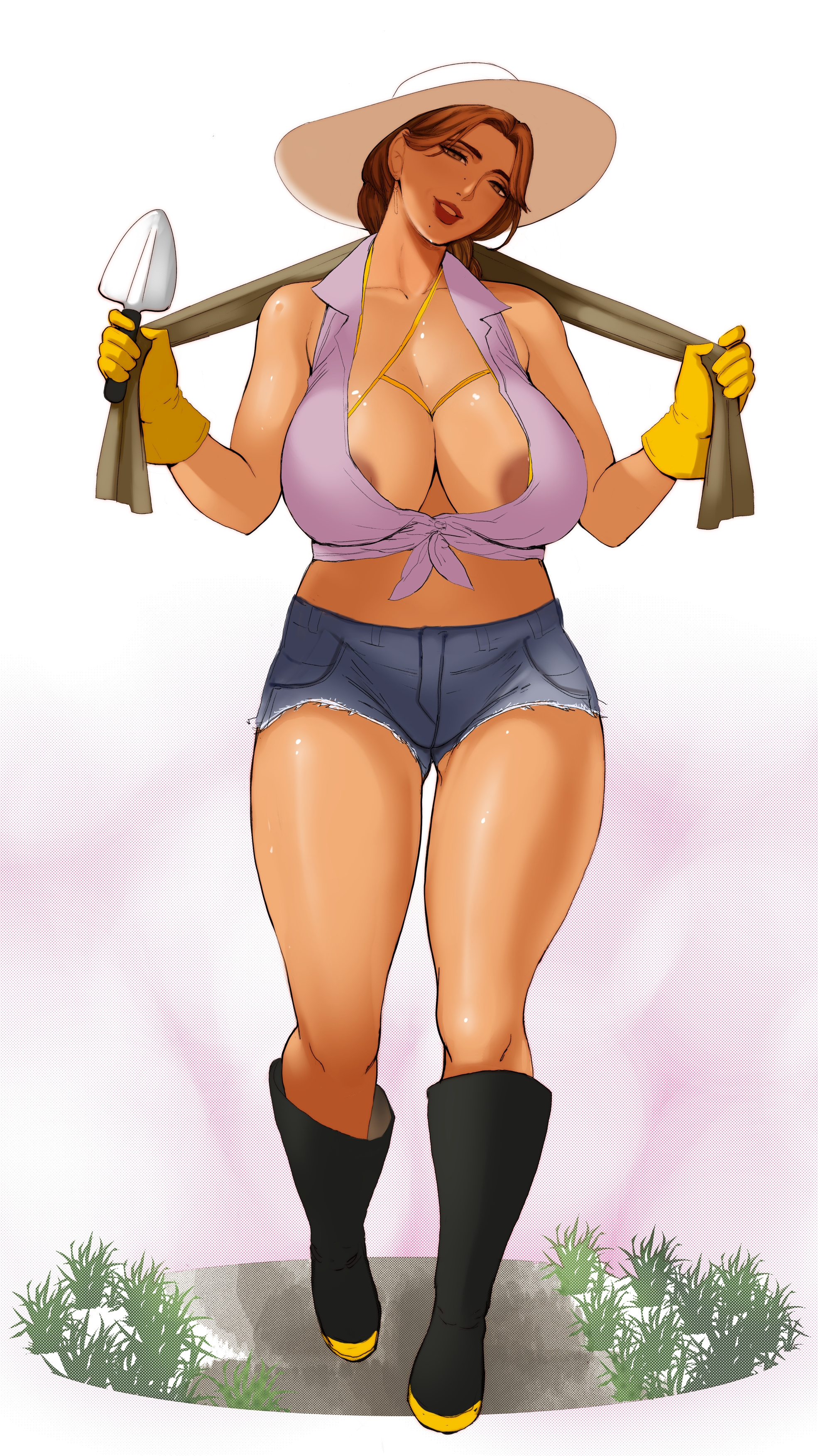big breasts, bikini, black areola, breasts, busty, farm, farmgirl, female, jnsdh, milf, tan skin