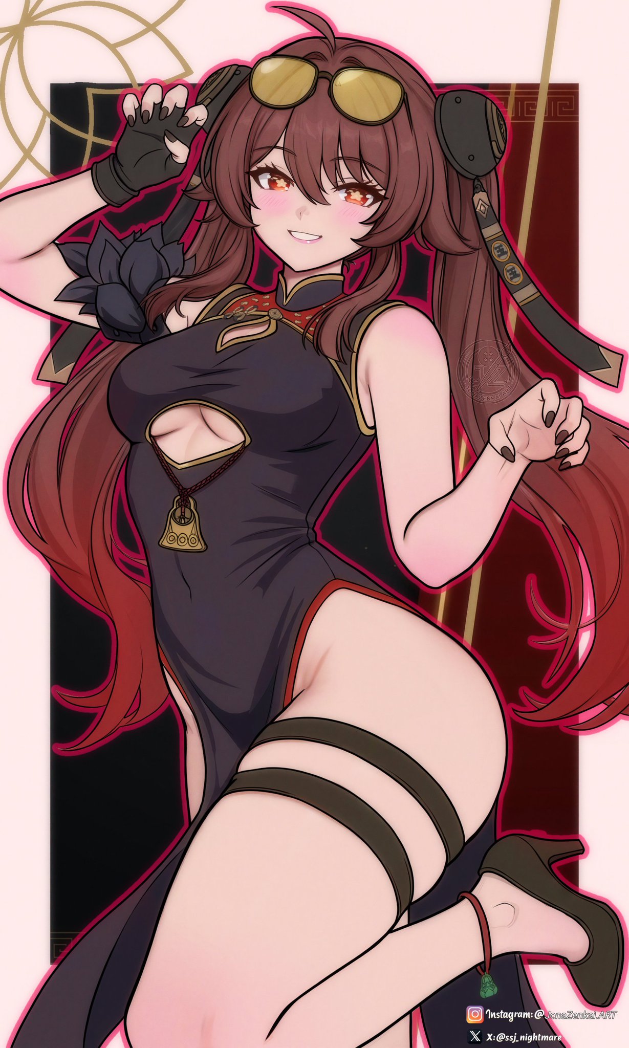 big ass, brown hair, chinese clothes, cosplay, cosplay request, genshin impact, glasses on head, gokthan, gokthan (artist), hoyoverse, hu tao (genshin impact), medium breasts, solo female, sweety (zenless zone zero), zenless zone zero