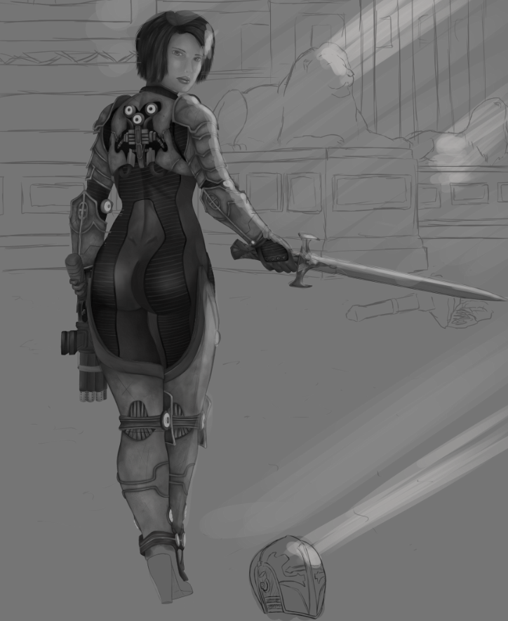 armor artofthejackyl big_ass female gun hellgate_london human looking_at_viewer looking_back looking_back_at_viewer lyra_(hellgate_london) sword templar_(hellgate_london) thick_thighs video_games wip