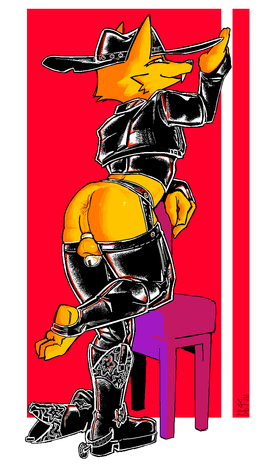 anthro anus armwear balls barefoot bbgg_(artist) boots canid canine chair chair_position chaps chastity_cage chastity_device clothing cowboy cowboy_boots cowboy_hat cowboy_outfit elbow_gloves feet finger_gun footwear fox from_behind_position furniture genitals gesture gloves gregg_lee hand_gesture handwear hat headgear headwear hi_res inviting leather leather_clothing male mammal night_in_the_woods penis presenting presenting_anus sex shoes smug socks solo standing stirrup_socks tight_clothing