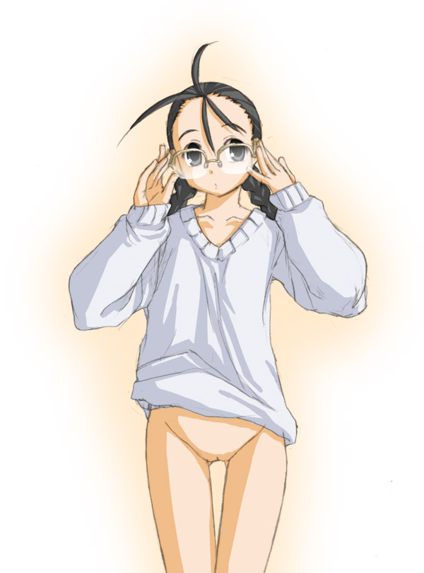 adjusting_glasses antenna_hair bottomless clothing female flat_chest glasses hakase_satomi kasuga_yukihito mahou_sensei_negima! naked_sweater over-rim_glasses pussy semi-rimless_glasses solo sweater