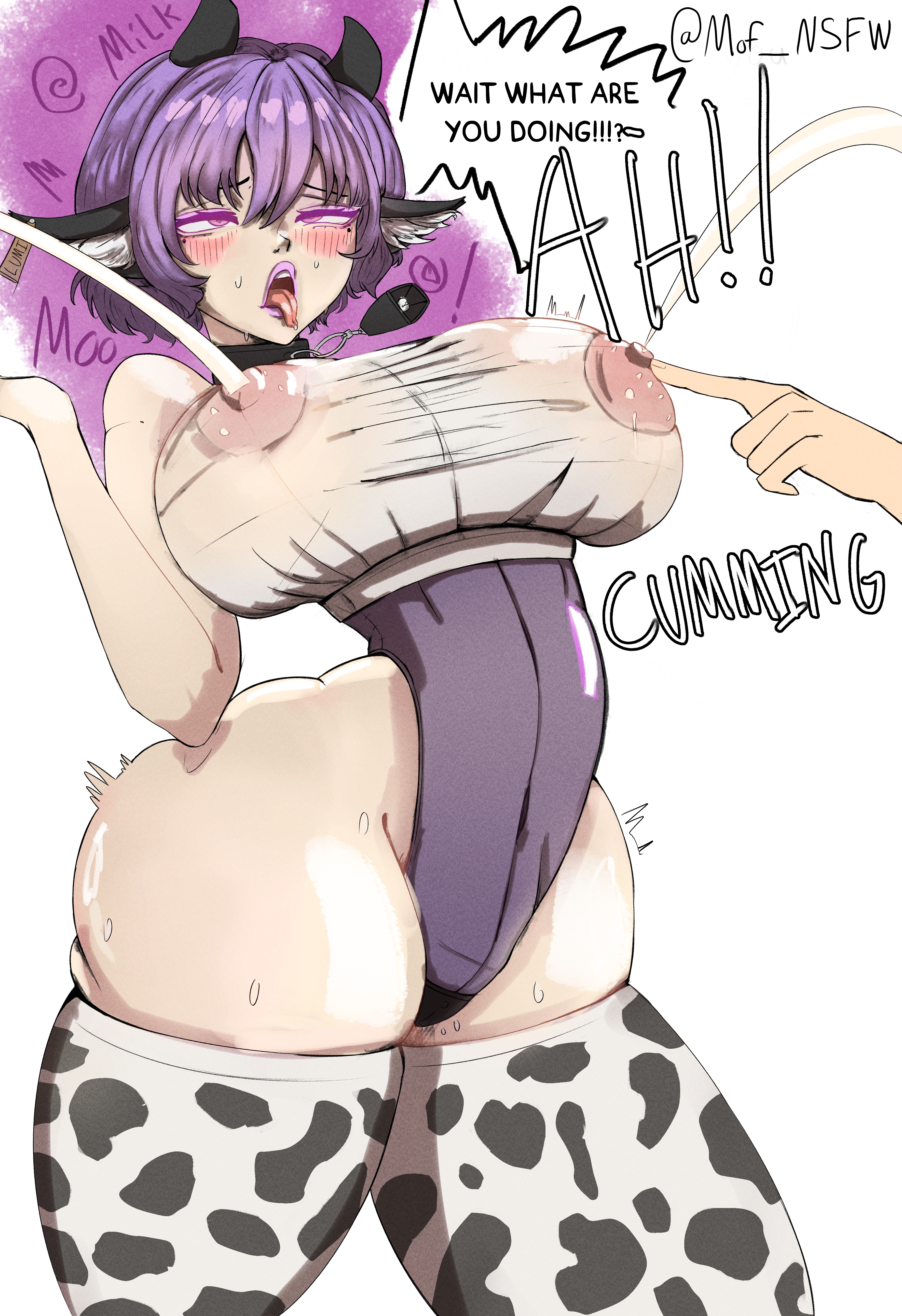 1girls, ahe gao, ahegao face, ass, big ass, big breasts, blush, blush lines, bodily fluids, breasts, cow ears, cow girl, cow horns, cow print, cow print thighhighs, cowbell, cowbell collar, cumming, cumming from milking, dialogue, digital media (artwork), disembodied hand, female, female only, huge ass, lactation, lipstick, moffin, nipples, nipples visible through clothing, no bra, pink eyes, poking, poking breasts, purple hair, purple-haired female, pussy, pussy juice, pussy juice drip through clothes, see-through, see-through clothing, sensitive, sensitive nipples, solo, solo female, solo focus, spontaneous lactation, spontaneous orgasm, squirt, squirting milk, sweat, sweatdrop, sweating, thighs, tight clothing, tongue, tongue out