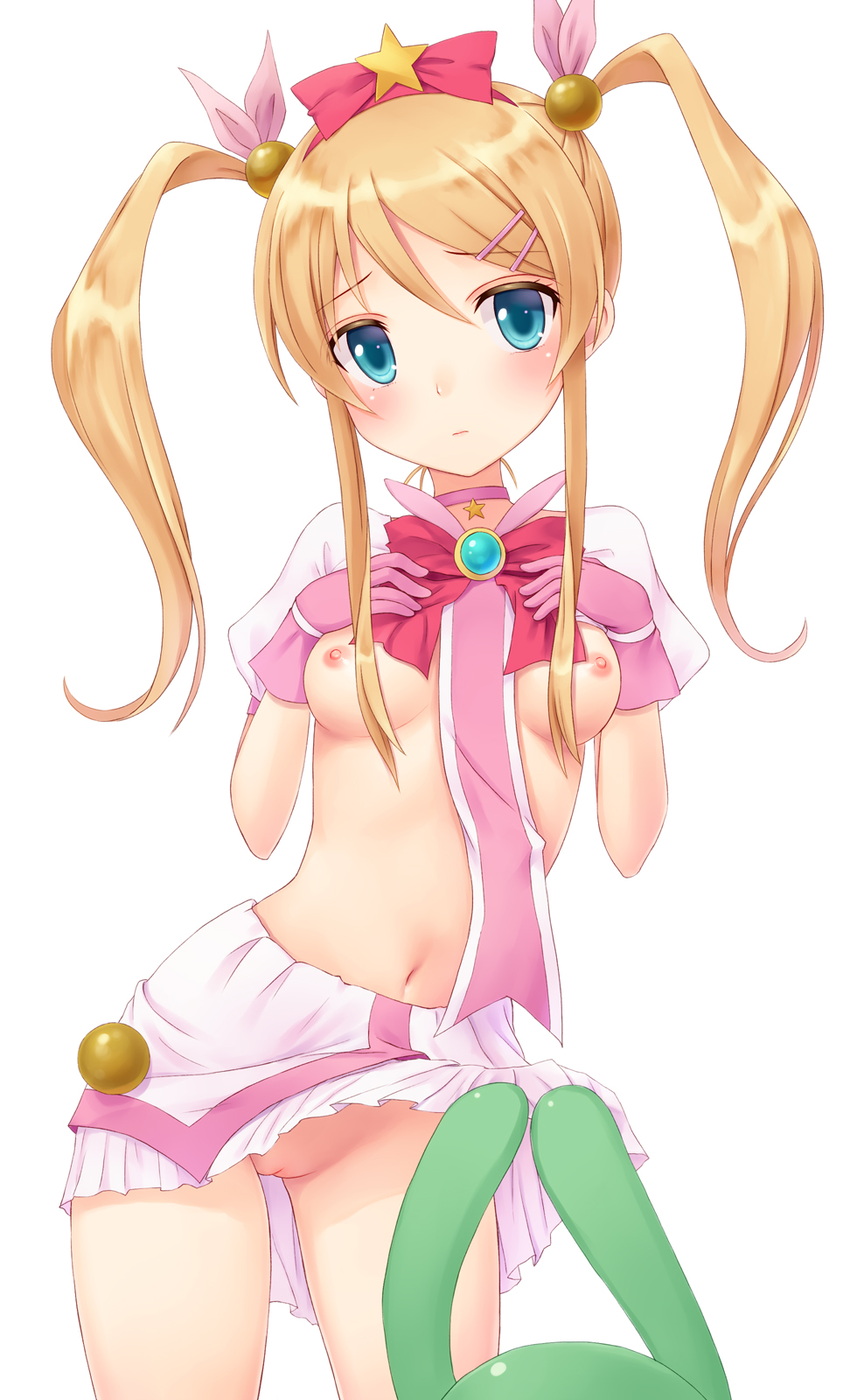 blonde_hair blue_eyes blush bow breasts brooch choker cleft_of_venus cosplay female female_only gloves hair_ornament hair_ribbon hairclip highres human jewelry kirino_kosaka long_hair looking_at_viewer miniskirt mound_of_venus n.g. nipples no_bra no_panties ore_no_imouto_ga_konna_ni_kawaii_wake_ga_nai pendant pink_gloves pussy ribbon ribbon_choker shirt_lift simple_background skirt skirt_lift solo star tied_hair twintails uncensored white_background