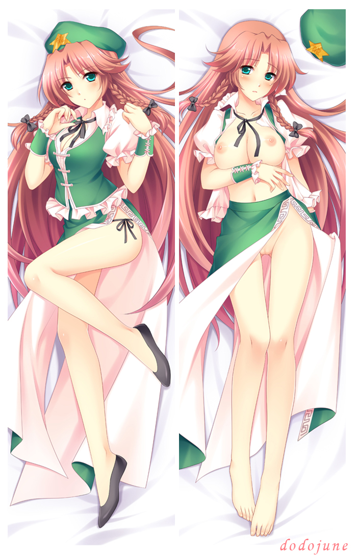 bare_legs barefoot beret black_panties blush bow braid breasts dakimakura dodojune feet female green_eyes hairbow hat hat_removed headwear_removed hong_meiling large_breasts long_hair looking_at_viewer navel nipples no_bra no_panties open_clothes open_shirt panties pussy red_eyes side-tie_panties solo touhou twin_braids uncensored underwear very_long_hair watermark wrist_cuffs