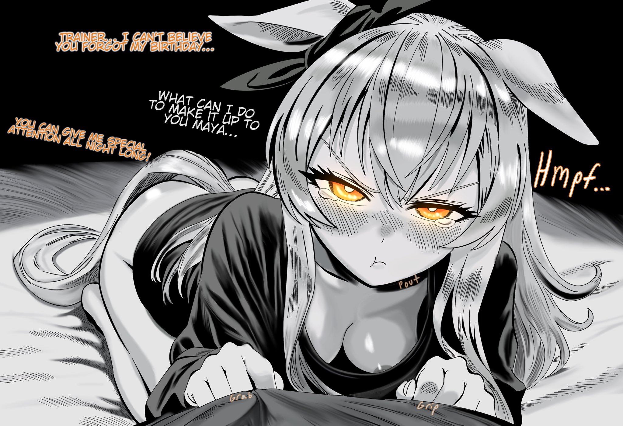 :t, 1girls, 1other, animal ears, areola slip, ass, blush, bottomless, breasts, closed mouth, clothes grab, commentary, ear ornament, english commentary, english text, female, greyscale, hair between eyes, highres, horse ears, horse girl, horse tail, kunitoro (artist), long hair, looking at viewer, mayano top gun (umamusume), medium breasts, monochrome, orange eyes, pout, pov, shirt, spot color, tail, tearing up, thighs, trainer (umamusume), two side up, umamusume, v-shaped eyebrows