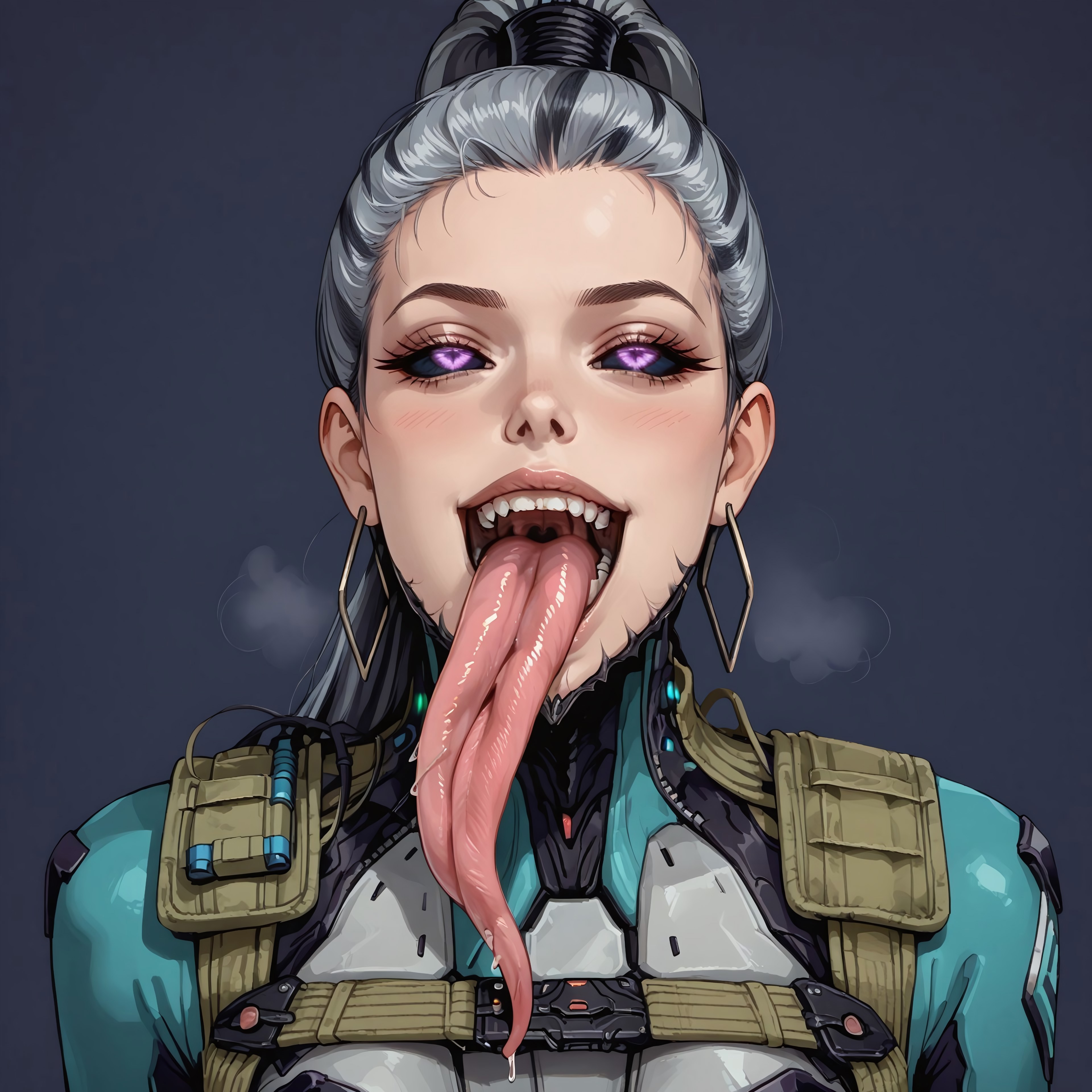 ai generated, blush, civitai, colored sclera, earrings, eleanor nightingale, face focus, female, female focus, harness, hi res, highres, long tongue, myth1c2, nyx (warframe), open mouth, oral invitation, ponytail, purple eyes, saliva, straps, tactical gear, thick tongue, upper body, video game character, video game franchise, warframe