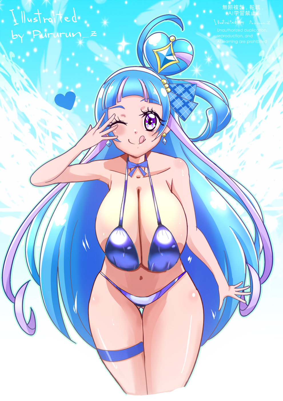 1girls aokaze_nana big_breasts bikini blue_hair breasts cure_wink female female_only idol kimi_to_idol_precure light-skinned_female light_skin magical_girl precure pretty_cure purple_eyes pururun_z solo toei_animation wink