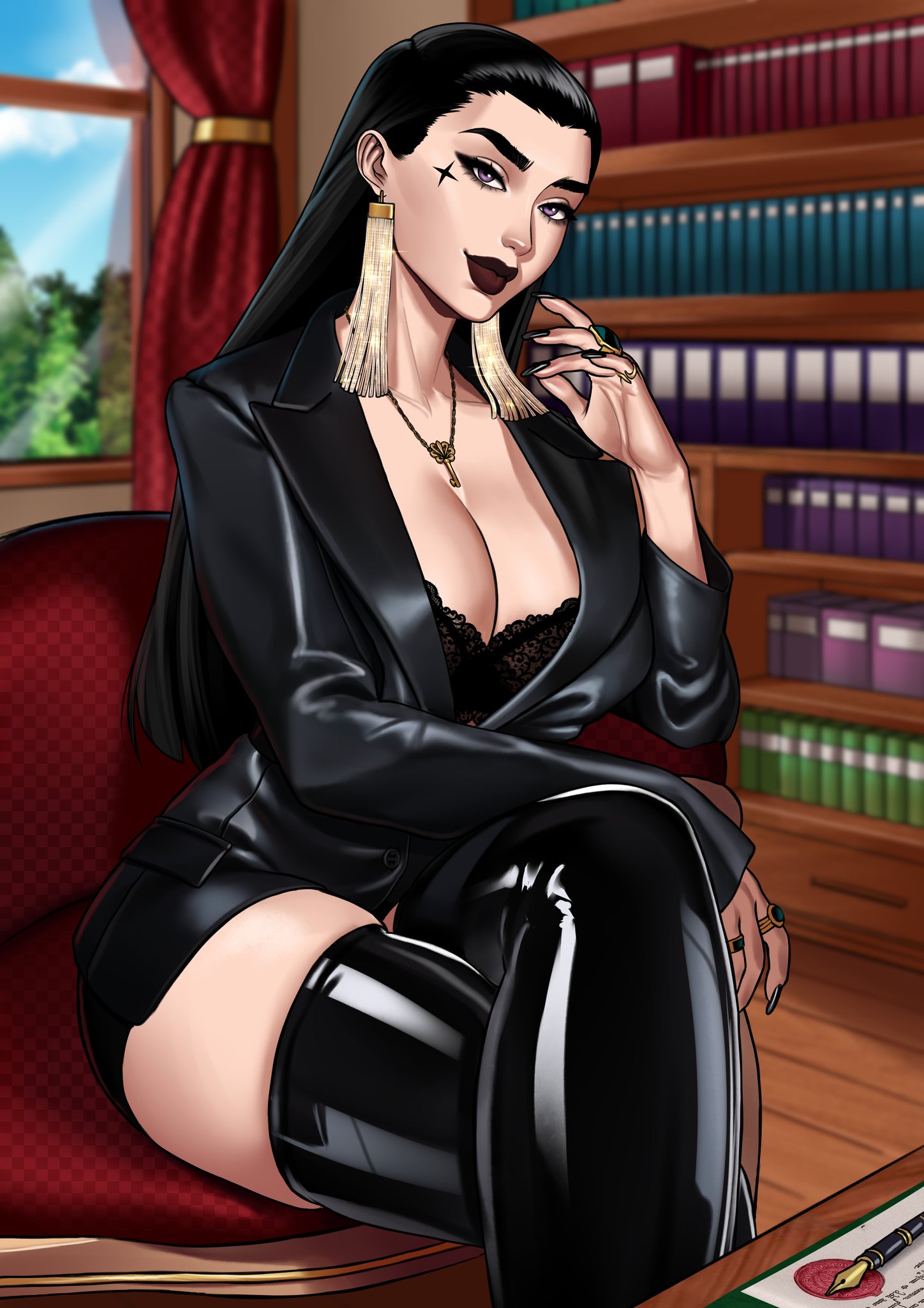 1girls, ass, big ass, big breasts, big thighs, black boots, boots, breasts, bust, busty, chastity key, chest, cleavage, curvaceous, curvy, curvy figure, digital media (artwork), female, female only, hips, hourglass figure, huge ass, huge breasts, lara (otto cubze), large ass, large breasts, legs, lipstick, long fingernails, long nails, makeup, mature, mature female, nail polish, original, original character, otto cubze, painted fingernails, painted nails, shiny clothes, slim waist, thick, thick hips, thick legs, thick thighs, thigh boots, thighhighs, thighs, voluptuous, waist, wide hips, wide thighs