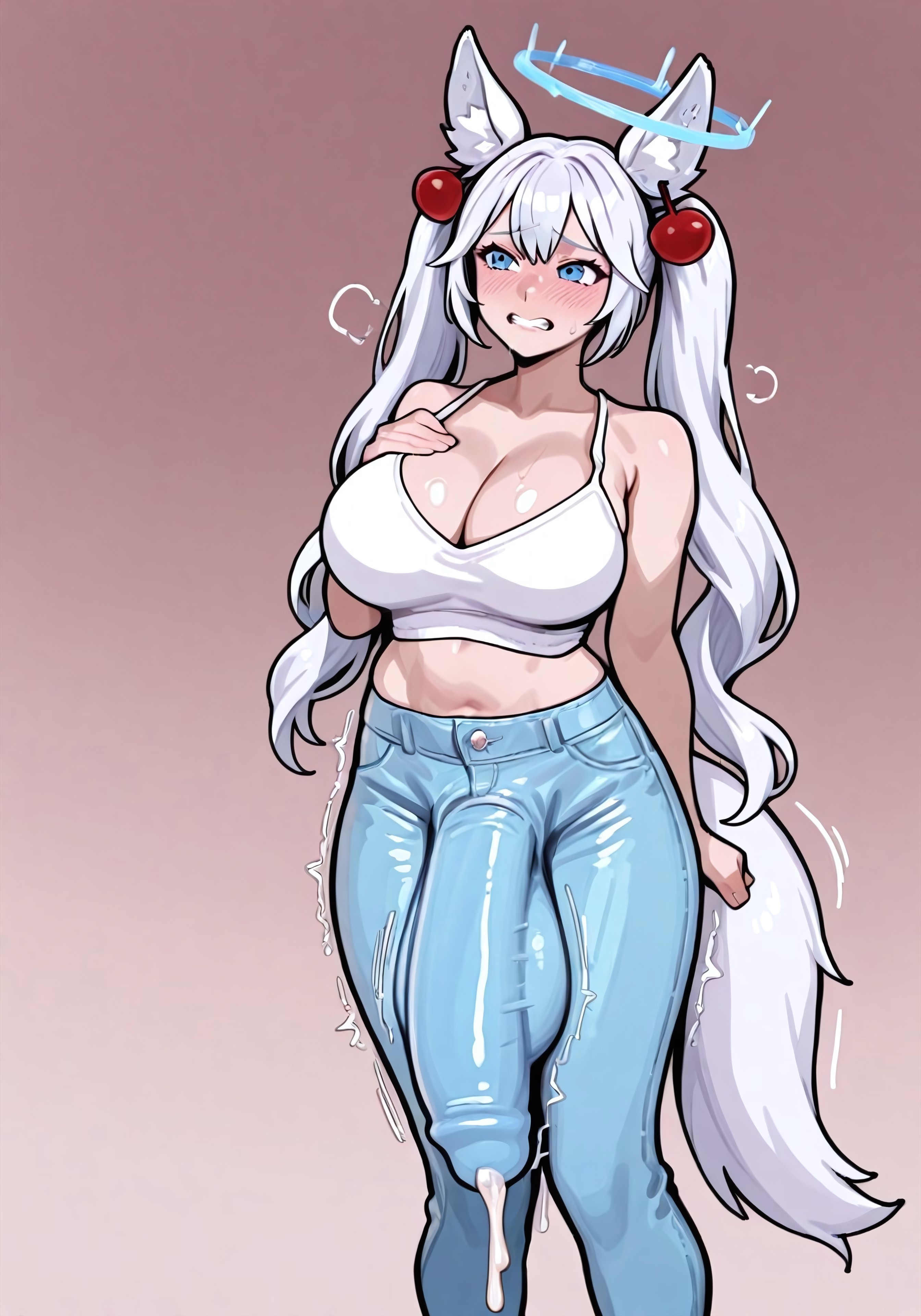 ai generated, balls, big penis, bulge, cleavage, futanari, intersex, jeans, kirsche verstahl, penis, penis visible through clothing, virtual youtuber, vtuber