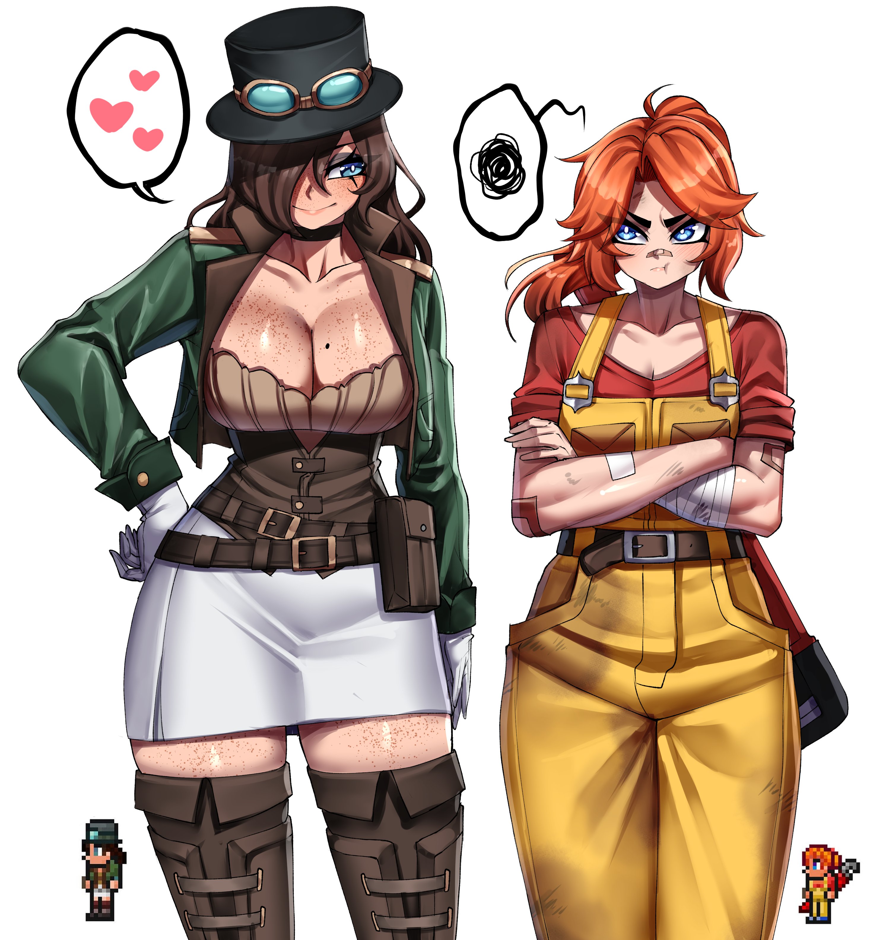 2025, 2girls, bandage, bandaid, bandaid on nose, belt, big breasts, blue eyes, blush, blush lines, boots, breasts, brown hair, choker, cleavage, dirty, dirty clothing, female, freckles, freckles on breasts, freckles on face, freckles on thighs, game character, goggles, goggles on hat, green jacket, grumpy, hair over one eye, hat, heart, jacket, looking at each other, mechanic (terraria), miniskirt, mole, mole on breast, orange hair, overalls, pants, pouch, rageman709, re-logic, red shirt, rivals, sexual tension, small breasts, speech bubble, steampunk goggles, steampunker (terraria), terraria, thick thighs, thigh boots, white background, white gloves, white miniskirt, white shirt, wrench, yellow overalls