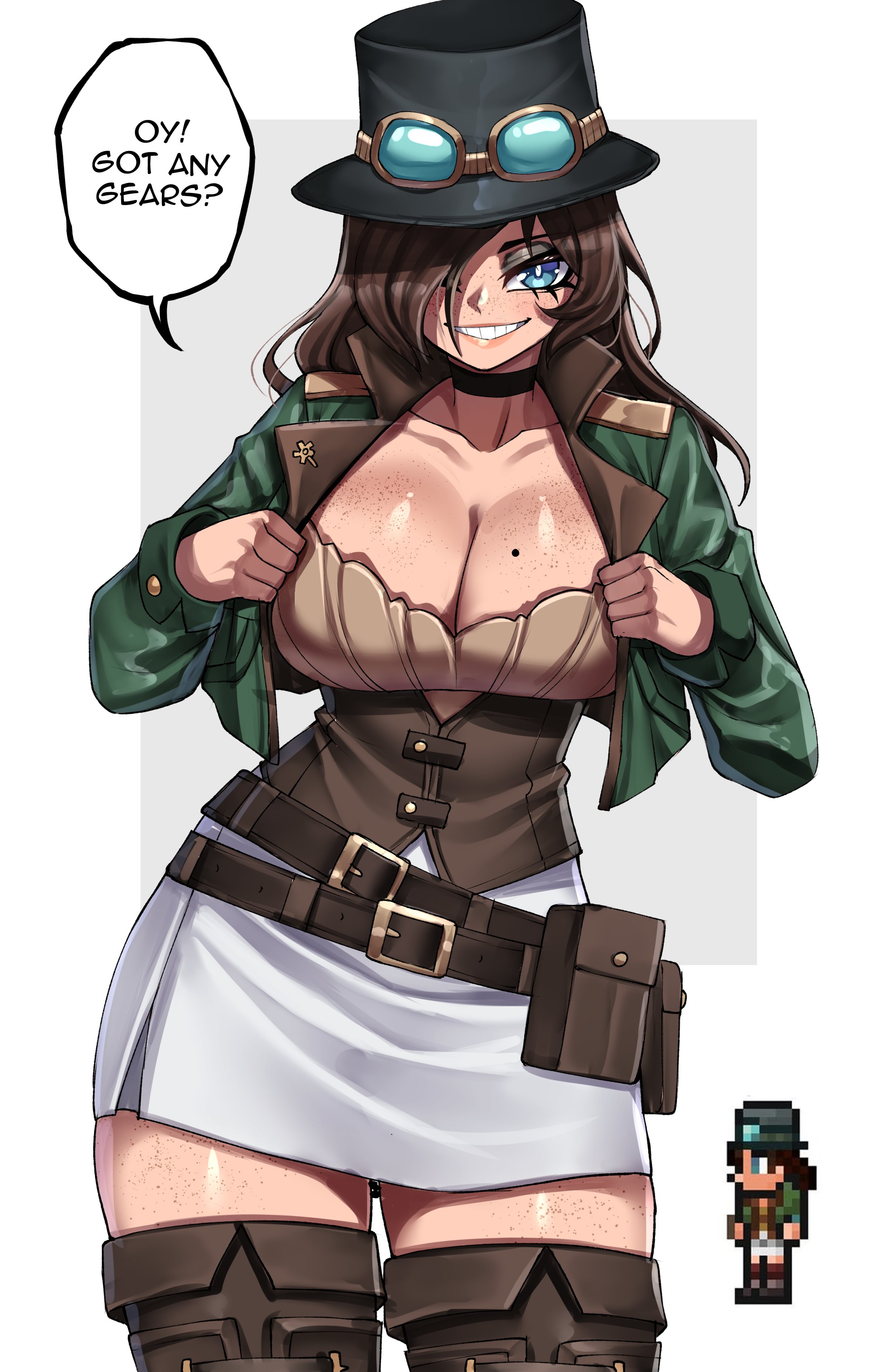 1girls, 2025, beautiful woman, belt, belted skirt, beltskirt, big breasts, blue eyes, boots, breasts, brown hair, choker, cleavage, english text, female, freckles, freckles on breasts, freckles on face, freckles on thighs, game character, goggles, goggles on hat, green jacket, hair over one eye, hat, heavenly body, jacket, looking at viewer, mature woman, miniskirt, mole, mole on breast, pouch, rageman709, re-logic, smile, solo, solo female, speech bubble, steampunk goggles, steampunker (terraria), terraria, thick thighs, thigh boots, white background, white miniskirt, white shirt