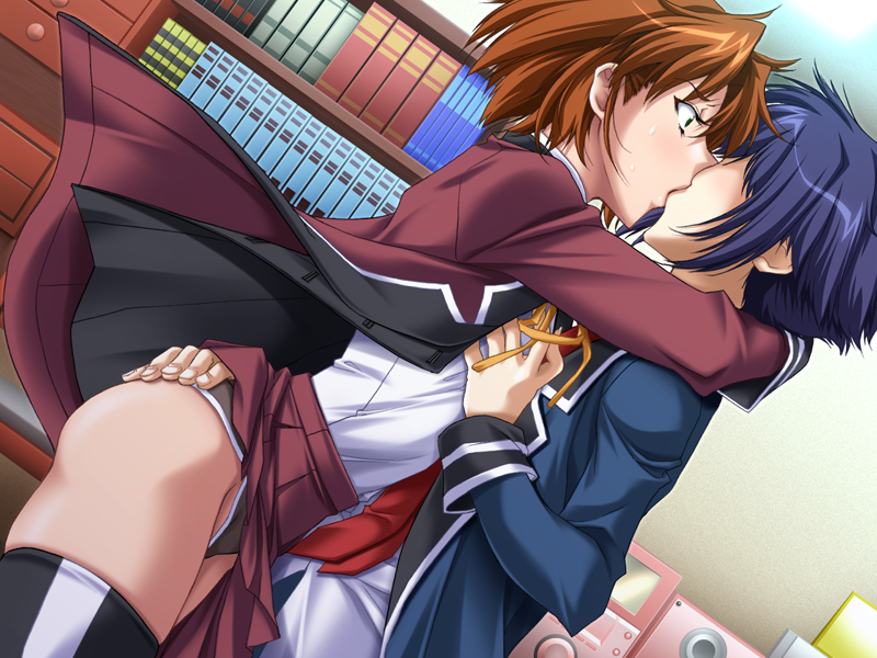 ass black_legwear blue_hair blush book breast_grab brown_hair female game_cg highres kasatani_rie kissing legs panties saiminjutsu_2 school_uniform short_hair skirt standing surprised sweat thighs underwear yoshino_keiko