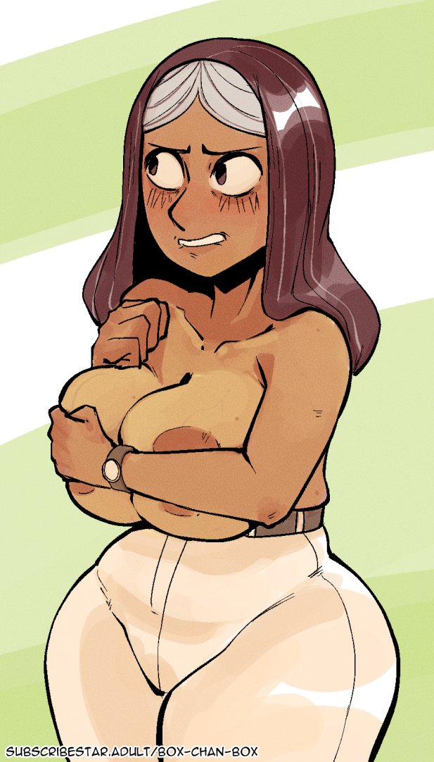 1girls, areola slip, areolae, arm covers breast, armwear, belt, big breasts, blush, bottomwear, box chan, breasts, brown eyes, brown hair, cartoon network, embarrassed, embarrassed female, female, female only, hair, hips, huge breasts, long hair, mature, mature female, mature woman, milf, mother, pants, priyanka maheswaran, solo, solo female, steven universe, topless, watch, white pants