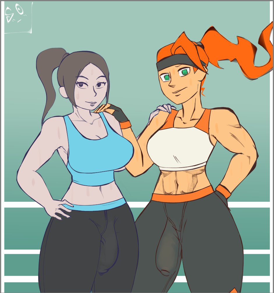 2futas, alternate version available, bulge, bulge through clothing, clothed, clothing, company connection, crossover, duo, female, fully clothed, futa only, futanari, intersex, nintendo, ring fit adventure, ring fit trainee (female), souley69, wii fit, wii fit trainer, wii fit trainer (female)