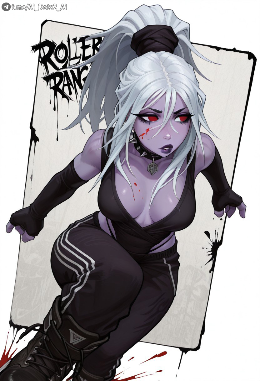 ai_dota_ai ai_generated bare_shoulders black_footwear black_gloves black_leotard black_pants blood blood_on_face boots breasts breasts_apart cleavage collar collar_spikes colored_skin dota_2 drow_ranger elbow female fingerless_gloves gloves hair_between_eyes highleg large_breasts leotard long_hair looking_to_the_side makeup medium_breasts pants ponytail purple_lips purple_skin red_eyes solo spiked traxex watermark white_hair