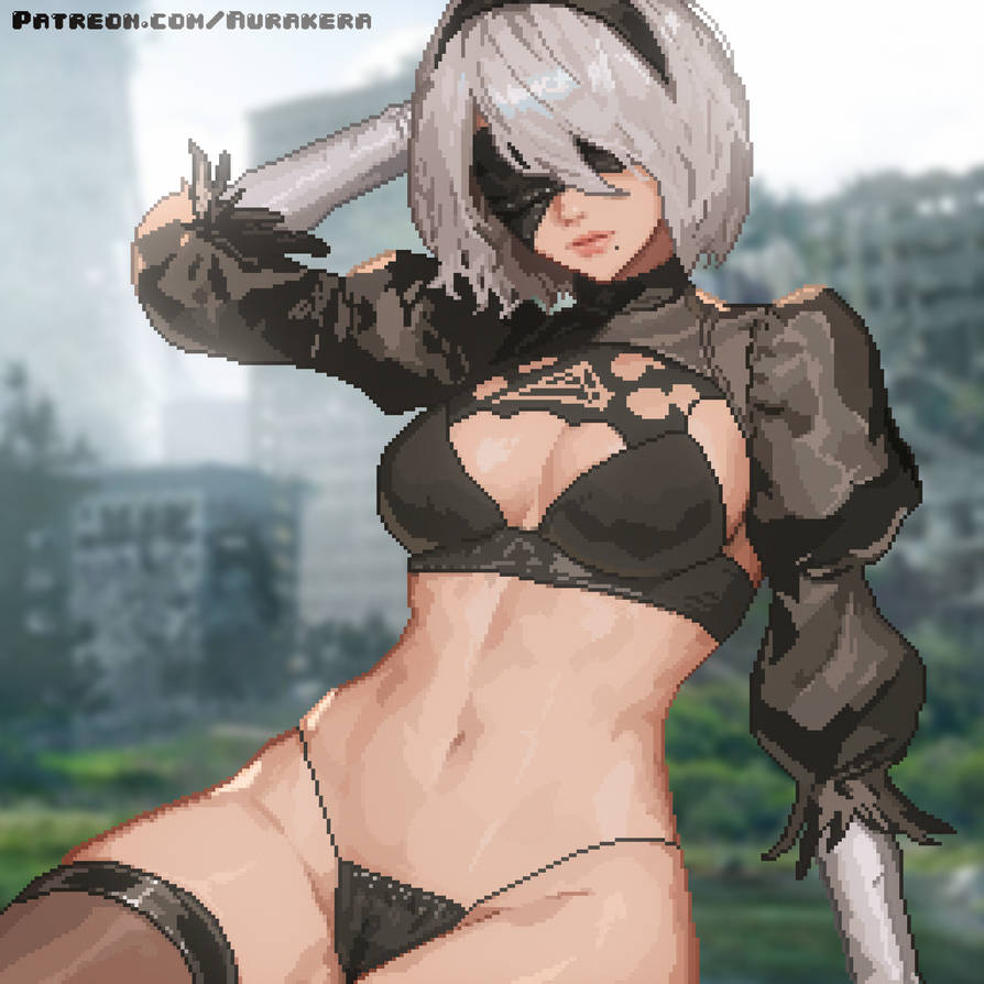 2d, 2d (artwork), aurakera, belly button, breasts, clothed, eyewear, female, medium breasts, nier (series), nier: automata, pixel art, tagme, thick thighs, white hair, yorha 2b
