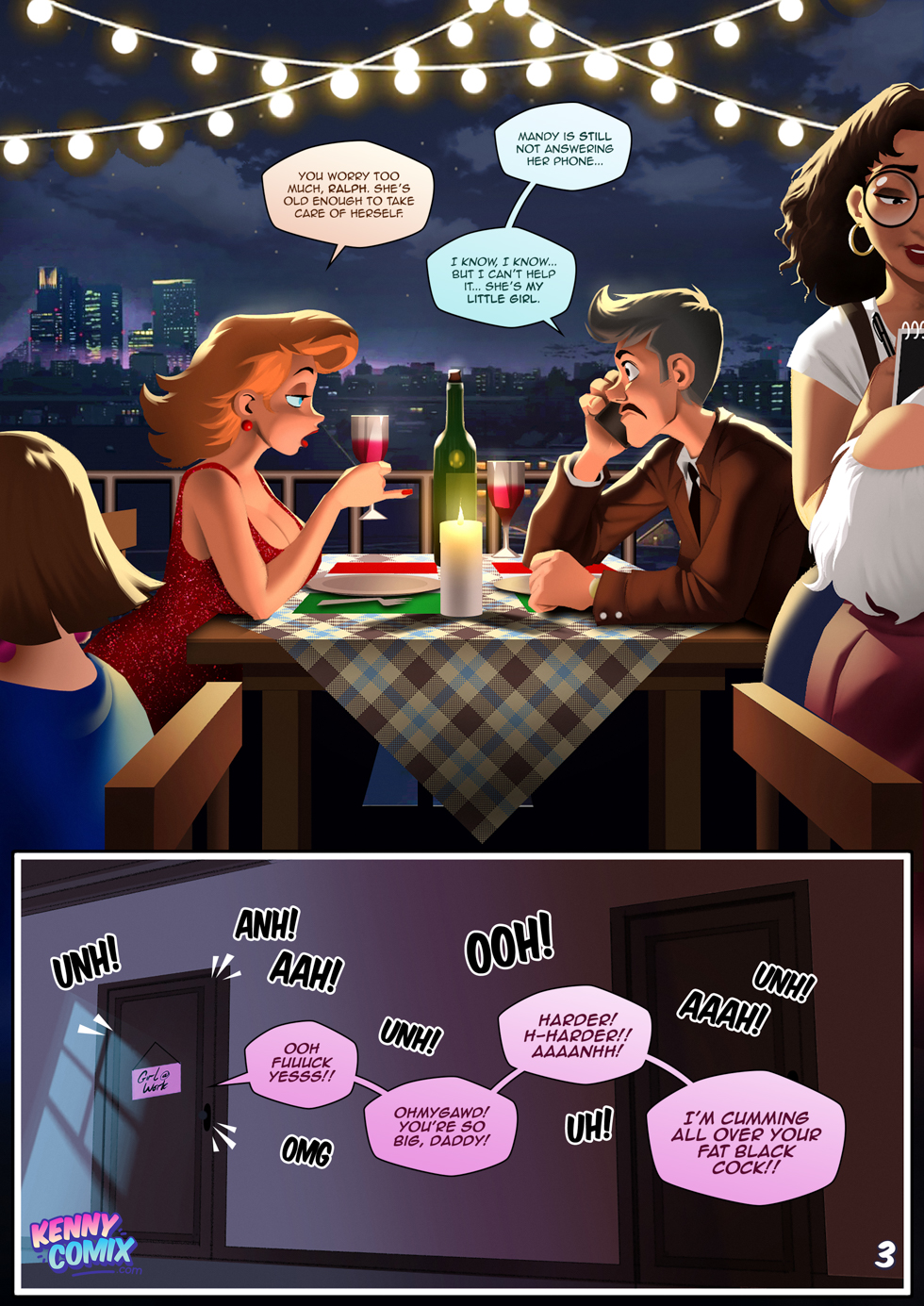 1boy, 1girls, 2d, cleavage, dark skin, dark-skinned male, dilf, english text, female, grey hair, incelartist, interracial, kennycomix, male, mandy is home alone (comic), milf, mrs. sterling, pernalonga, ralph sterling, red hair, sex, speech bubble, tagme, unseen character