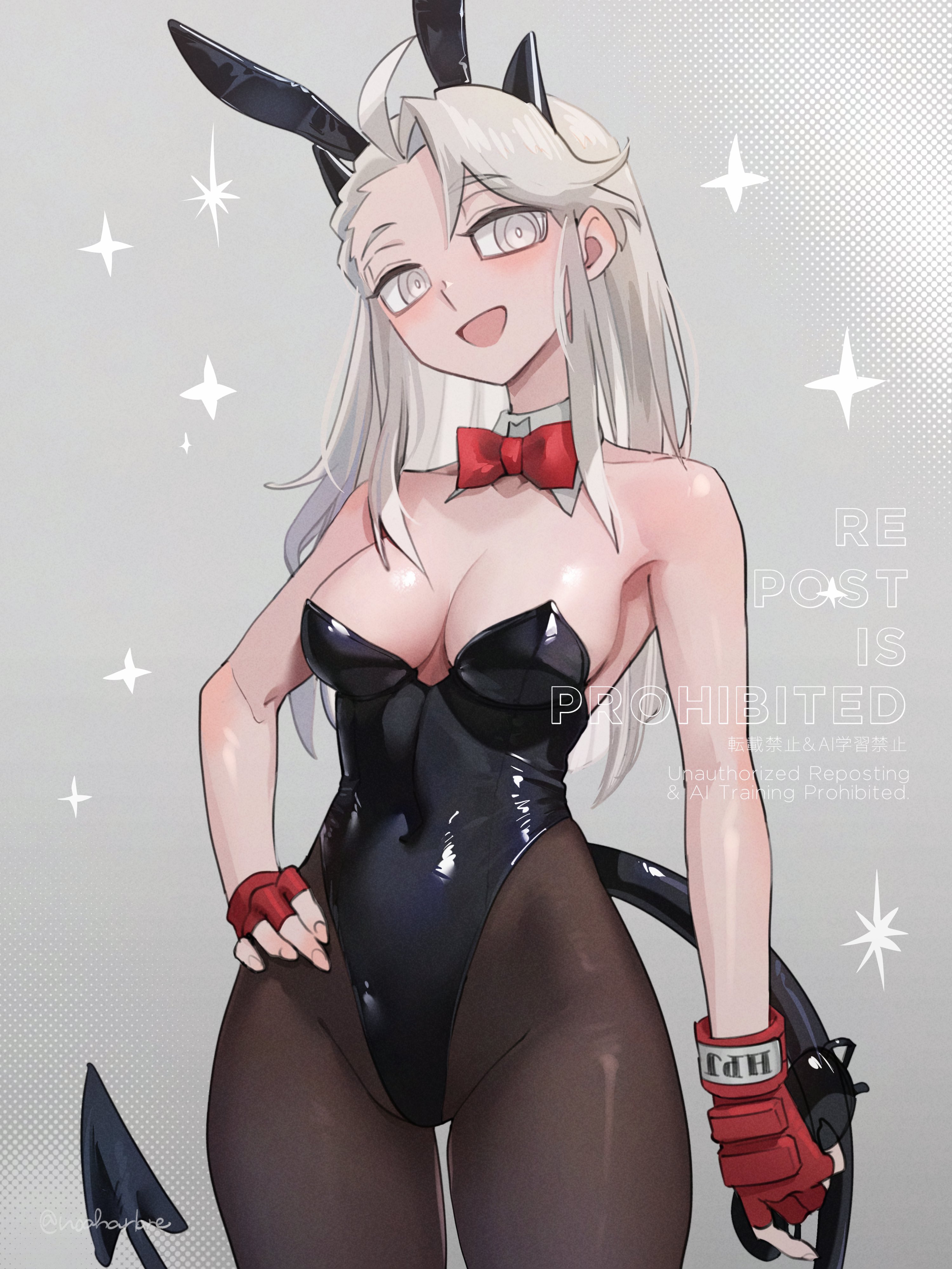 blind eye, blind girl, bunny ears, bunnysuit, demon, demon girl, demon horns, demon tail, female, helltaker, justice (helltaker), noah (tettsui-sole), noaharbre, tagme, white hair