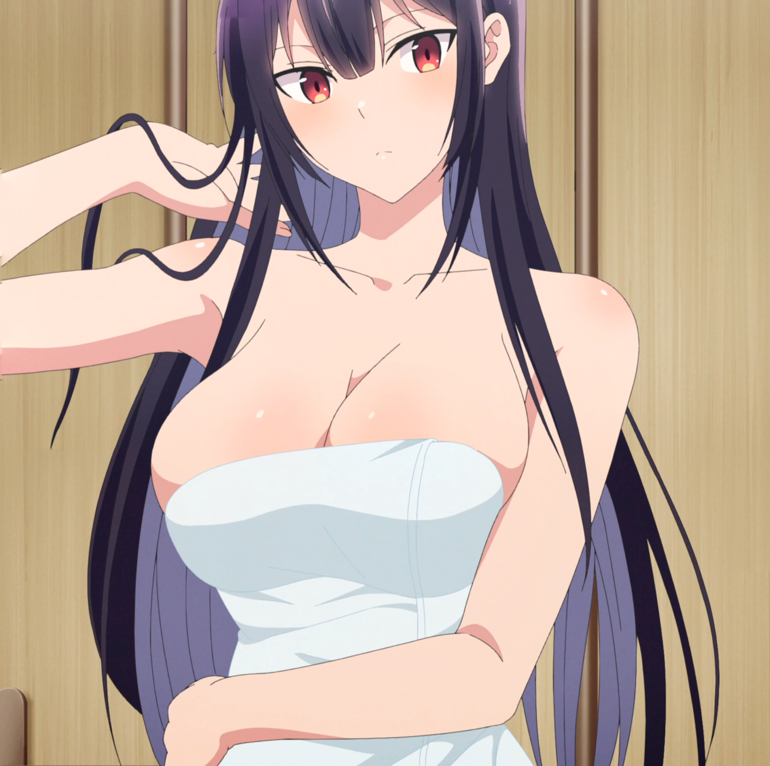 anime, covered nipples, haitekudasai takamine-san, hand on head, long hair, official art, official style, purple hair, red eyes, screencap, screenshot, shiny skin, stitched, takamine takane, towel, towel only, very long hair
