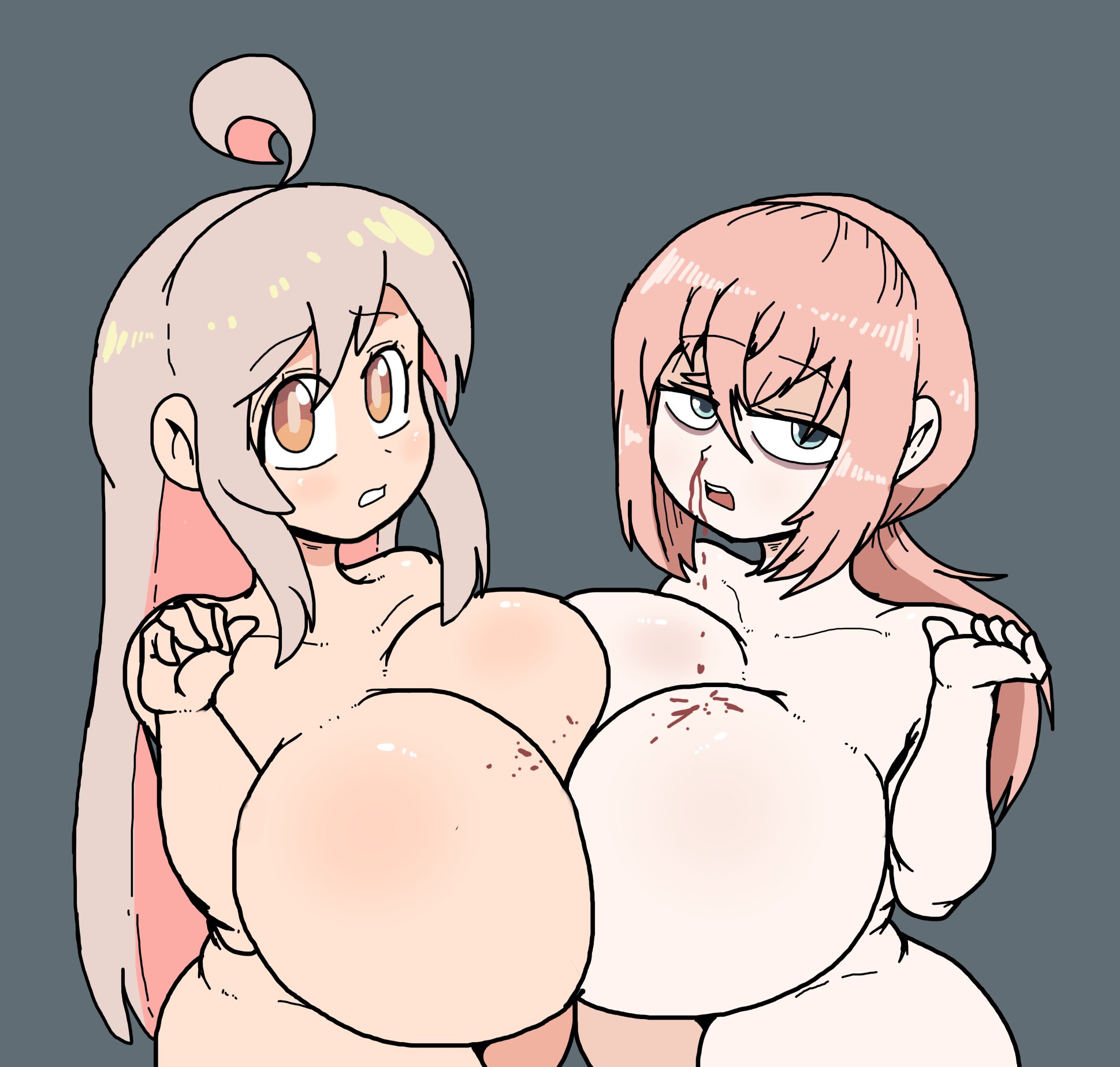 2girls, ahoge, alternate breast size, big breasts, blue eyes, breasts, crossover, female, grey background, huge breasts, long hair, michinoku komaro, naked, naked female, nosebleed, nude, nude female, onii-chan wa oshimai!, oyama mahiro, pink hair, platinum blonde hair, poopishness, seitokai nimo anawa aru!, short stack, shortstack, strawberry blonde hair, yellow eyes