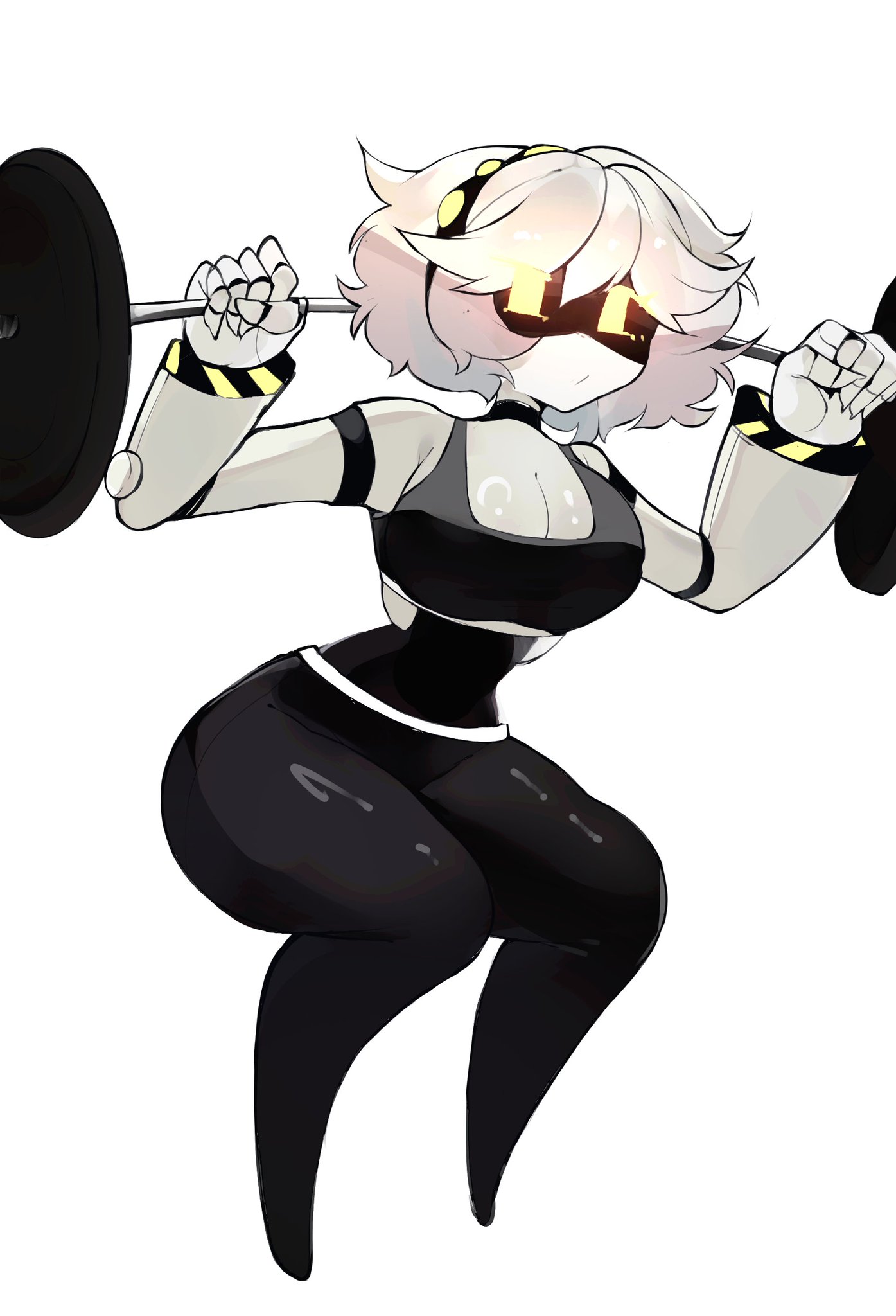 alternate costume, ass, breasts, female, female only, hoshoidk, large ass, large breasts, murder drones, sports bra, squatting, v (murder drones), workout