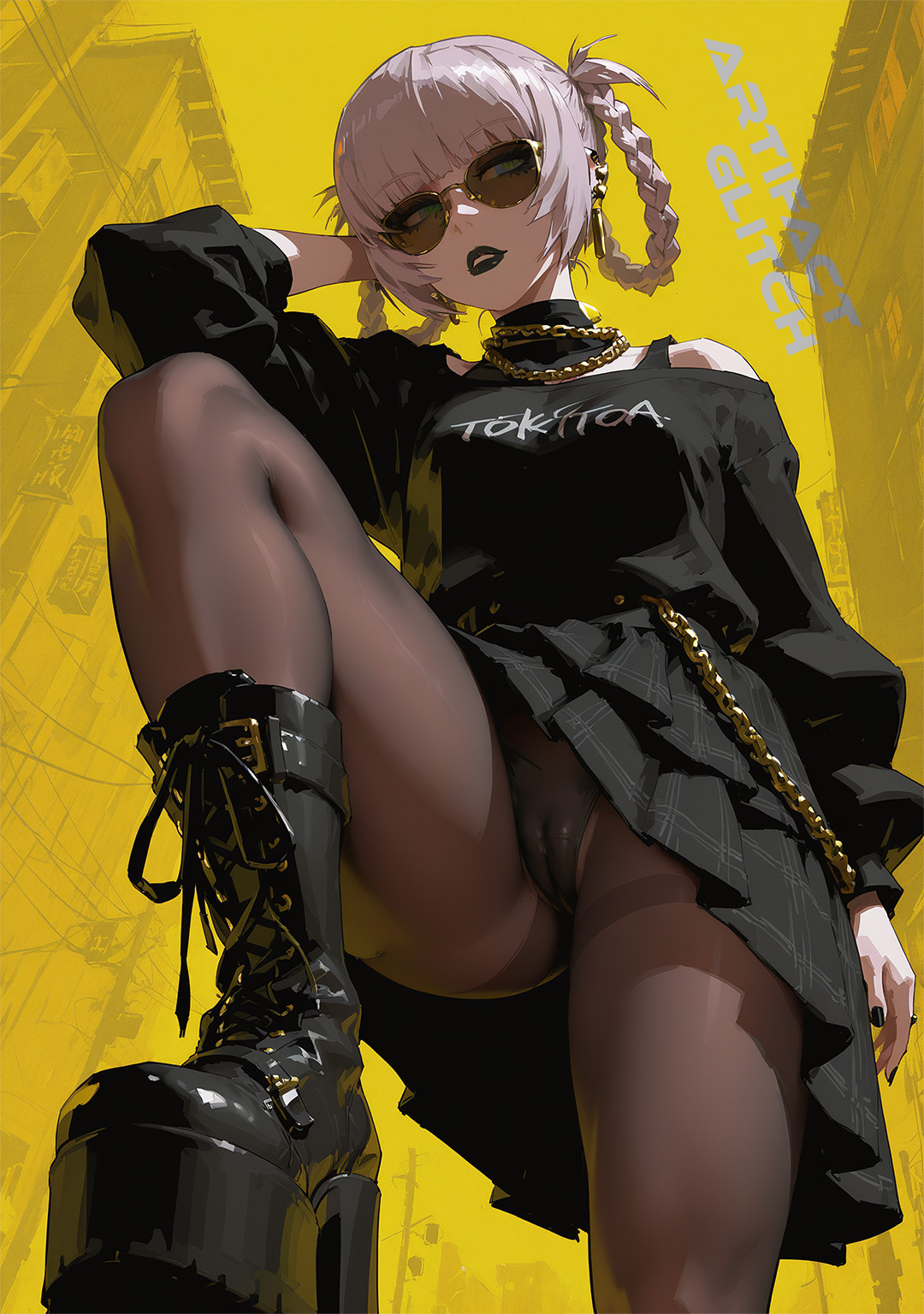 ai generated, artifactglitch, bra strap, braided hair, braids, call of the night, cameltoe, female, high heel boots, nanakusa nazuna, pantyhose, platform boots, pussy, skirt, sunglasses, tinted eyewear, yofukashi no uta