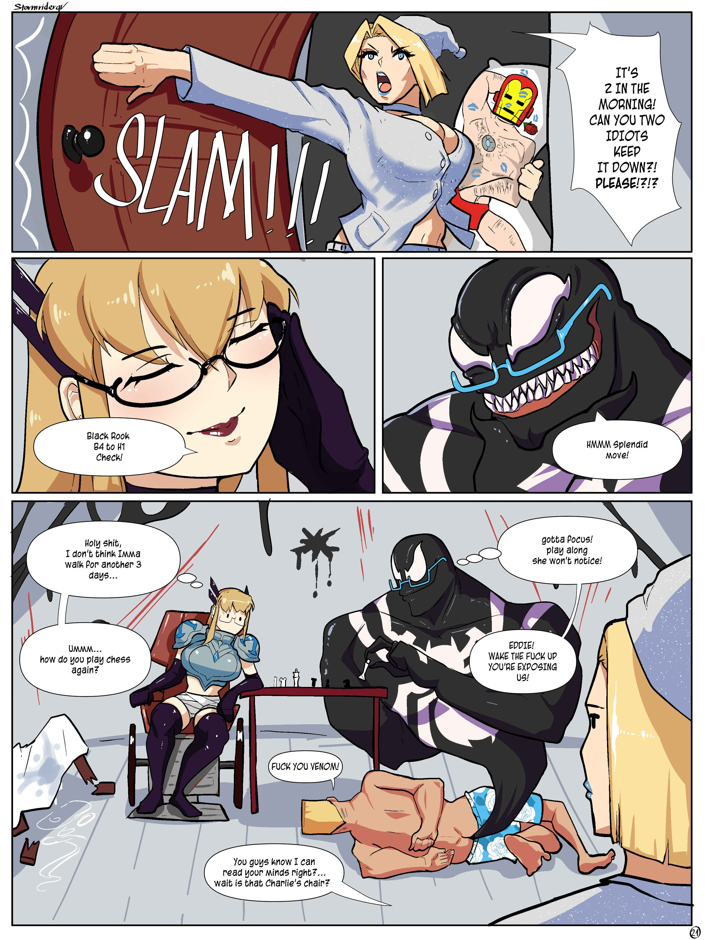 2d, bandage, black body, black-framed eyewear, blonde female, blonde hair, blue lipstick, bob cut, body pillow, caucasian, caucasian female, chess piece, comic, dialogue, eddie brock, emma frost, emma frost (marvel rivals), empty eyes, english text, eyewear, family guy death pose, female, funny, glasses, hair ornament, light skin, light-skinned female, light-skinned male, lipstick, long hair, magik (illyana rasputin), magik (marvel rivals), male, marvel, marvel comics, marvel rivals, medium hair, page 21, page number, pajamas, sharp teeth, sitting, speech bubble, spider-man (series), stormrider, stormriderqv, symbiote, teeth, text, thought bubble, under-rim eyewear, venom (marvel rivals), venom (marvel), white eyes, x-men