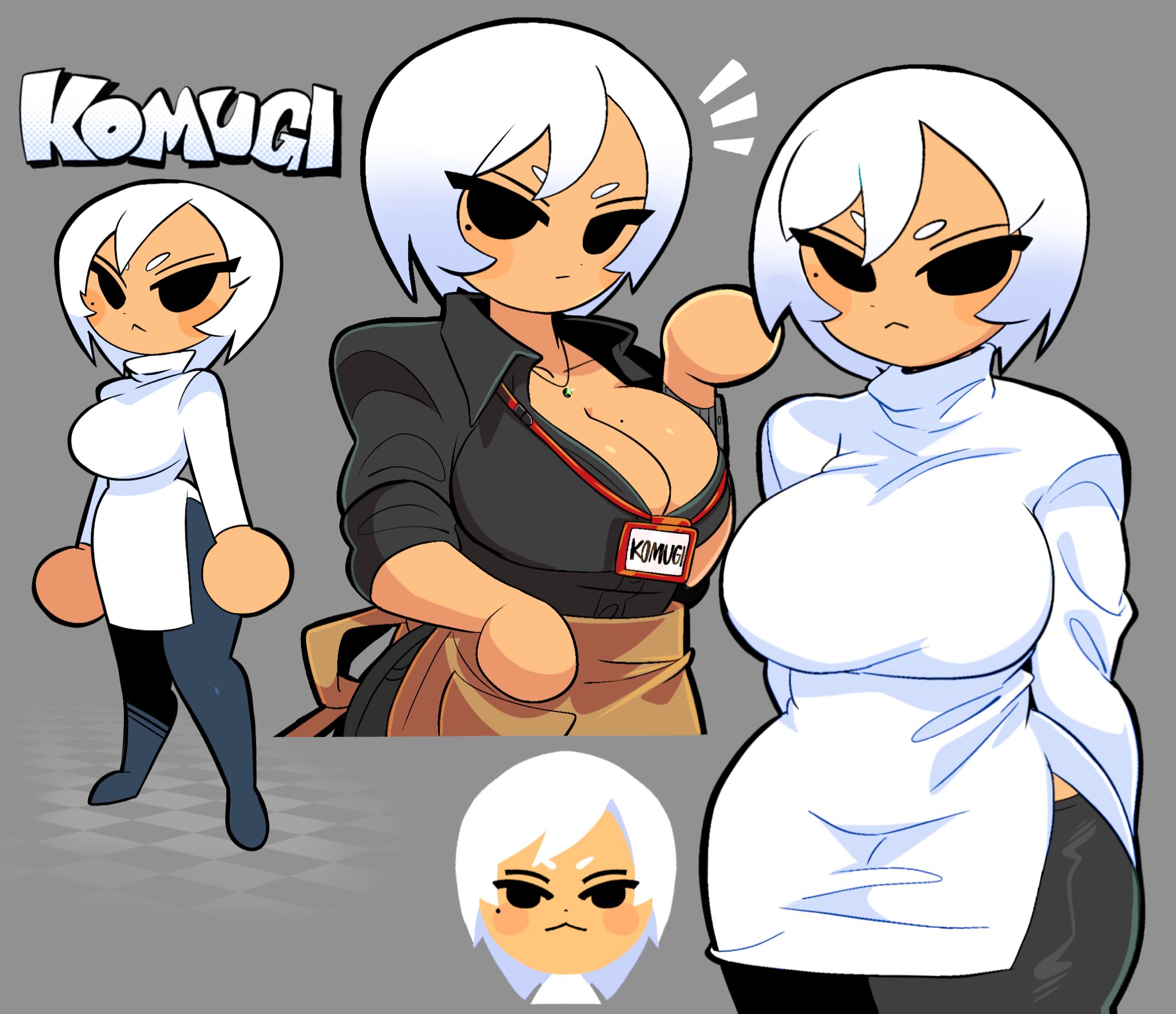 1girls, black eyes, black pants, breasts, character sheet, cleavage, female, female only, komugi (riki0731), large breasts, looking at viewer, mii, mob face, model sheet, mole, mole under eye, nintendo, pants, reference sheet, riki0731, short hair, solo, solo female, white hair
