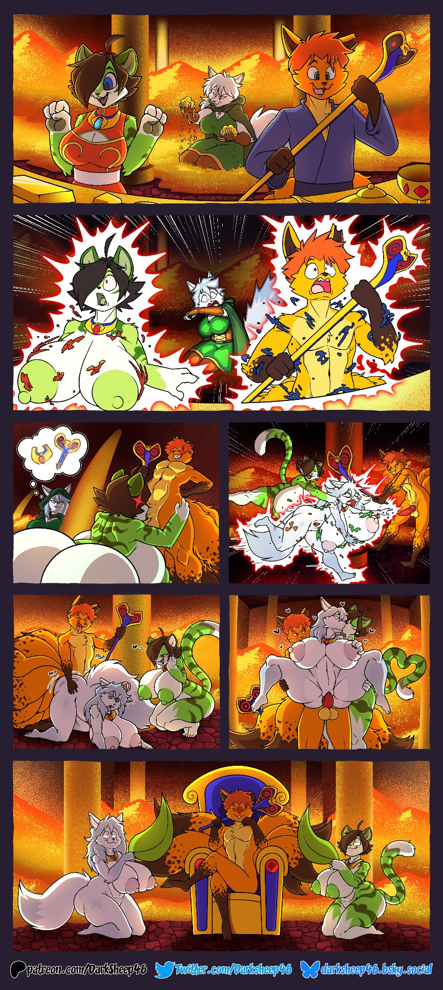 7_panel_comic 7_tails anal anthro ass balls big_breasts big_butt big_nipples brainwashing breast_expansion breasts canid canine chair clothing collar comic crossed_legs darksheep46 destroyed_clothing doggy_style dominant dominant_male expansion fanning felid feline fellatio female female_penetrated from_behind_position furniture genitals gloves_(marking) group happy happy_trance heart_symbol hi_res huge_breasts huge_butt huge_nipples hypnosis kneeling leaf magic male male/female male_penetrating male_penetrating_female mammal markings mind_control multi_tail nipples oral penetration penile penis robe sex smile smirk smug snake_staff staff stand_and_carry_position standing standing_sex submissive submissive_female tail thought_bubble throne tongue tongue_out treasure trio zapped