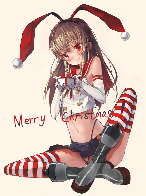 bare_shoulders black_panties blonde_hair boots elbow_gloves female finanl gift gloves highleg highleg_panties kantai_collection long_hair looking_at_viewer merry_christmas midriff miniskirt panties patterned_legwear personification red_&_white red_eyes sailor_collar shimakaze_(kantai_collection) simple_background skirt smile solo striped striped_legwear thighhighs underwear white_background white_gloves