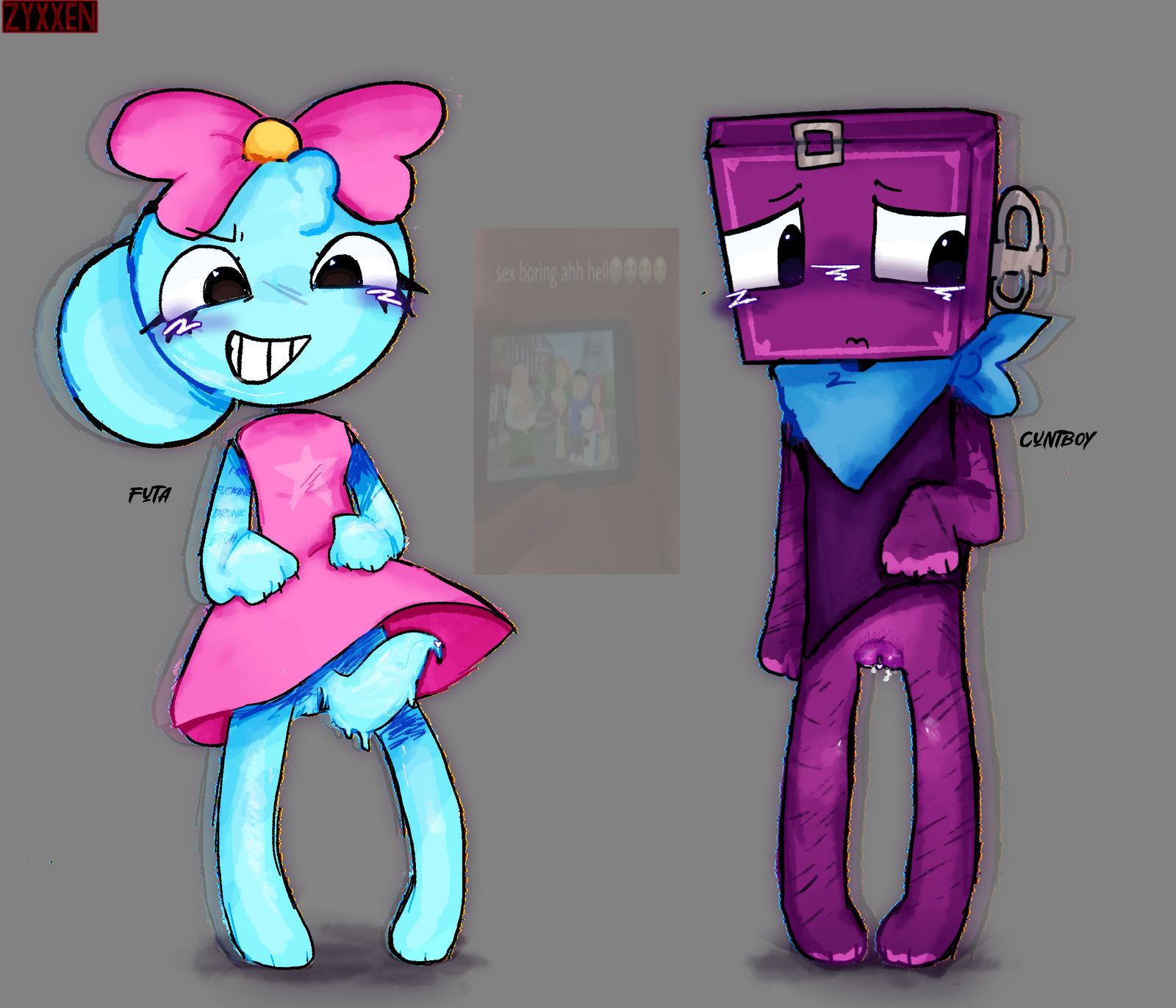 boxten (dandy's world), cuntboy, dandy's world, futa on male, futanari, intersex, male, poppy (dandy's world), self harm scars, zyxxenise