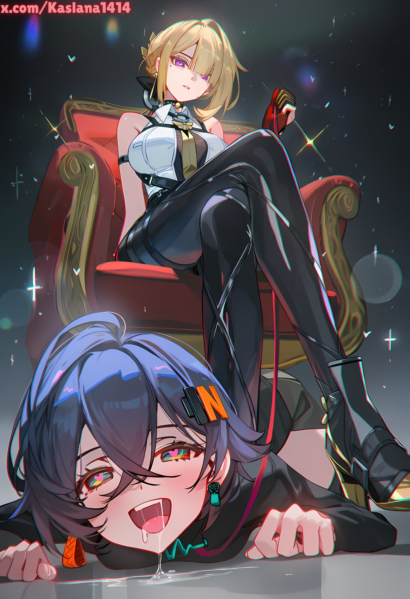 2girls, animal collar, belle (zenless zone zero), blonde hair, blue hair, bondage, breasts, collar, drool, drooling, evelyn chevalier, face down, female, femdom, green eyes, heart-shaped pupils, leash, lying on floor, on chair, purple eyes, saliva, smile, tagme, thick thighs, thighs, yuri, zenless zone zero