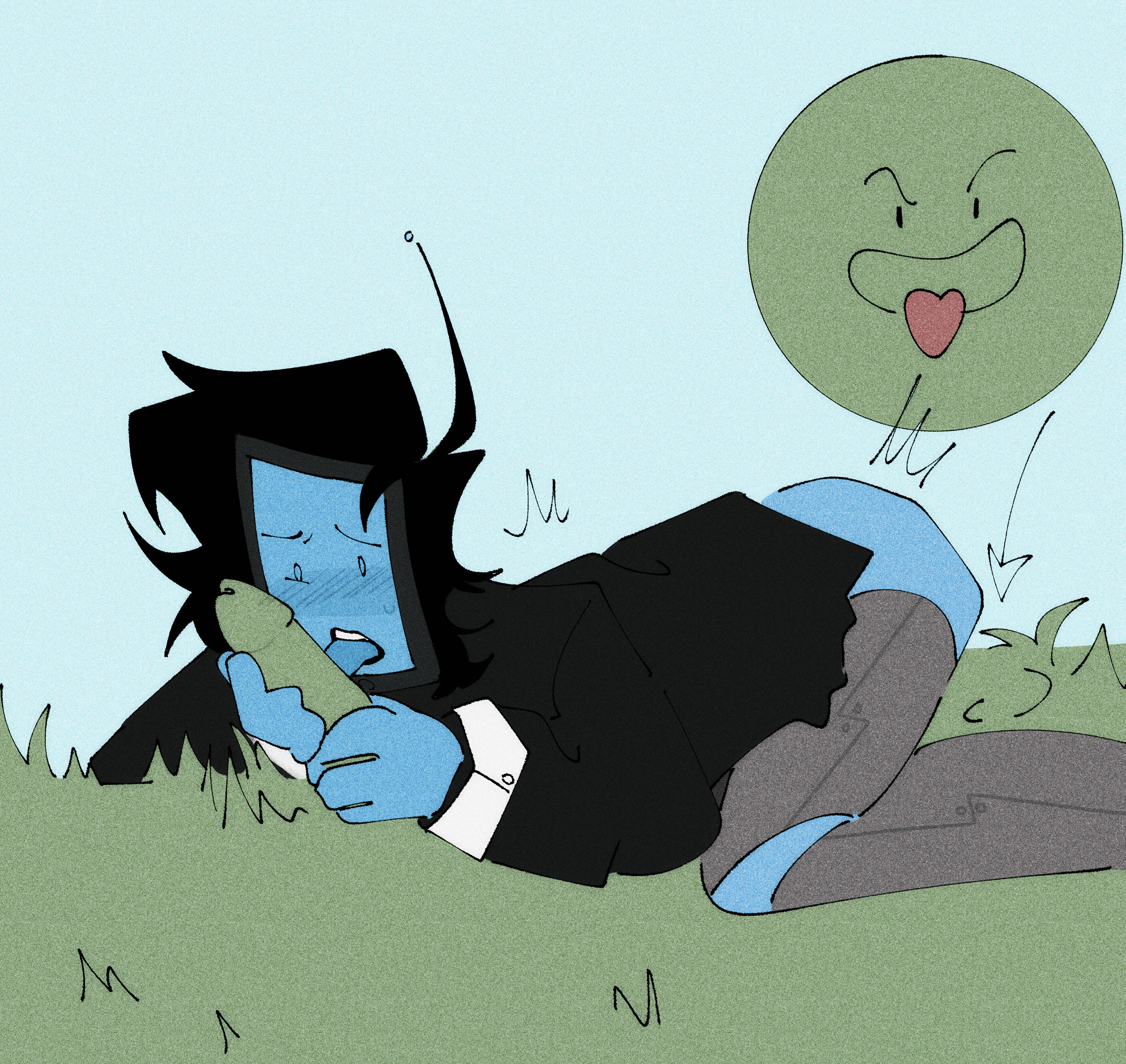 69, 69 position, adamation inc., adamationz, animationepic, black hair, blue blush, blue body, blue skin, blue tongue, blush, blush lines, blushing, crawliewalie, gijinka, grass, grass dick, grass field, green penis, ii, implied rimming, inanimate insanity, inanimate insanity invitational, male, male focus, male only, male/male, mephone4, no balls, object show, object show community, object shows, osc, penis, rimming, rimming male, tagme, the floor, tongue, tongue out