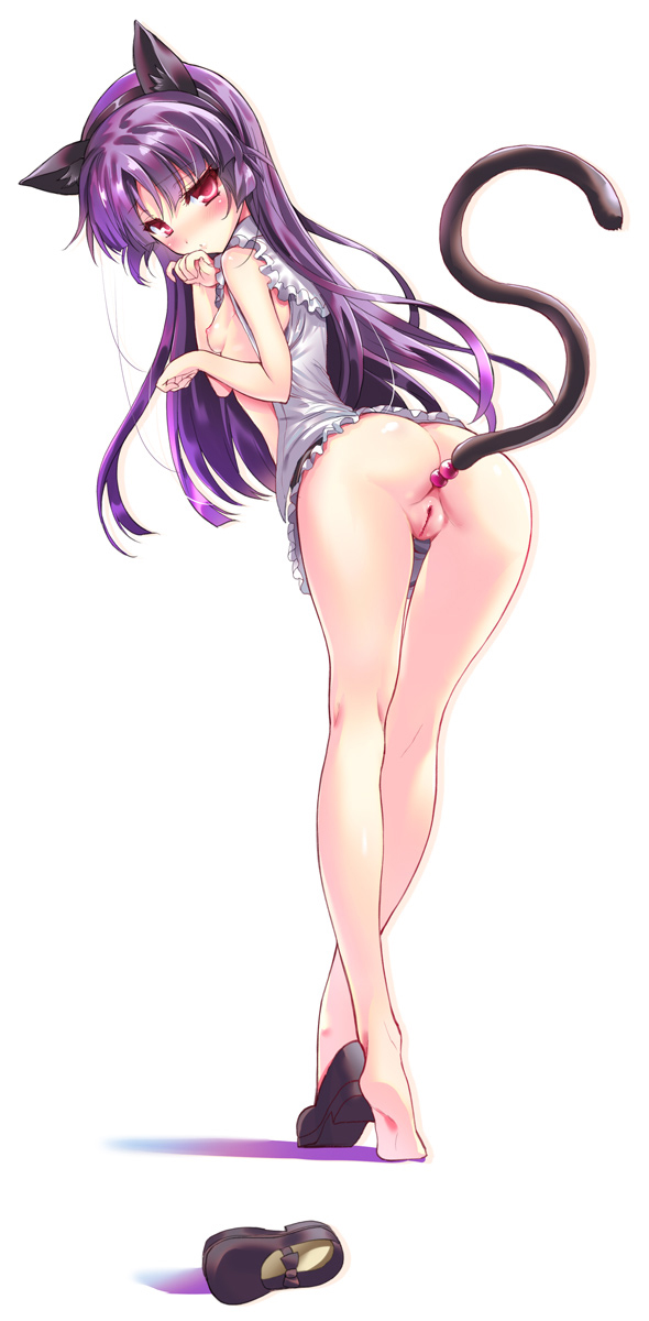 anal, anal beads, anal beads tail, anal insertion, animal ears, bent over, bottomless, breasts, buttplug tail, cat ears, cat tail, fake animal ears, female, gokou ruri, magenta eyes, mpeg7, nipples, ore no imouto ga konna ni kawaii wake ga nai, paw pose, purple eyes, purple hair, pussy, sex toy, solo, tail, uncensored