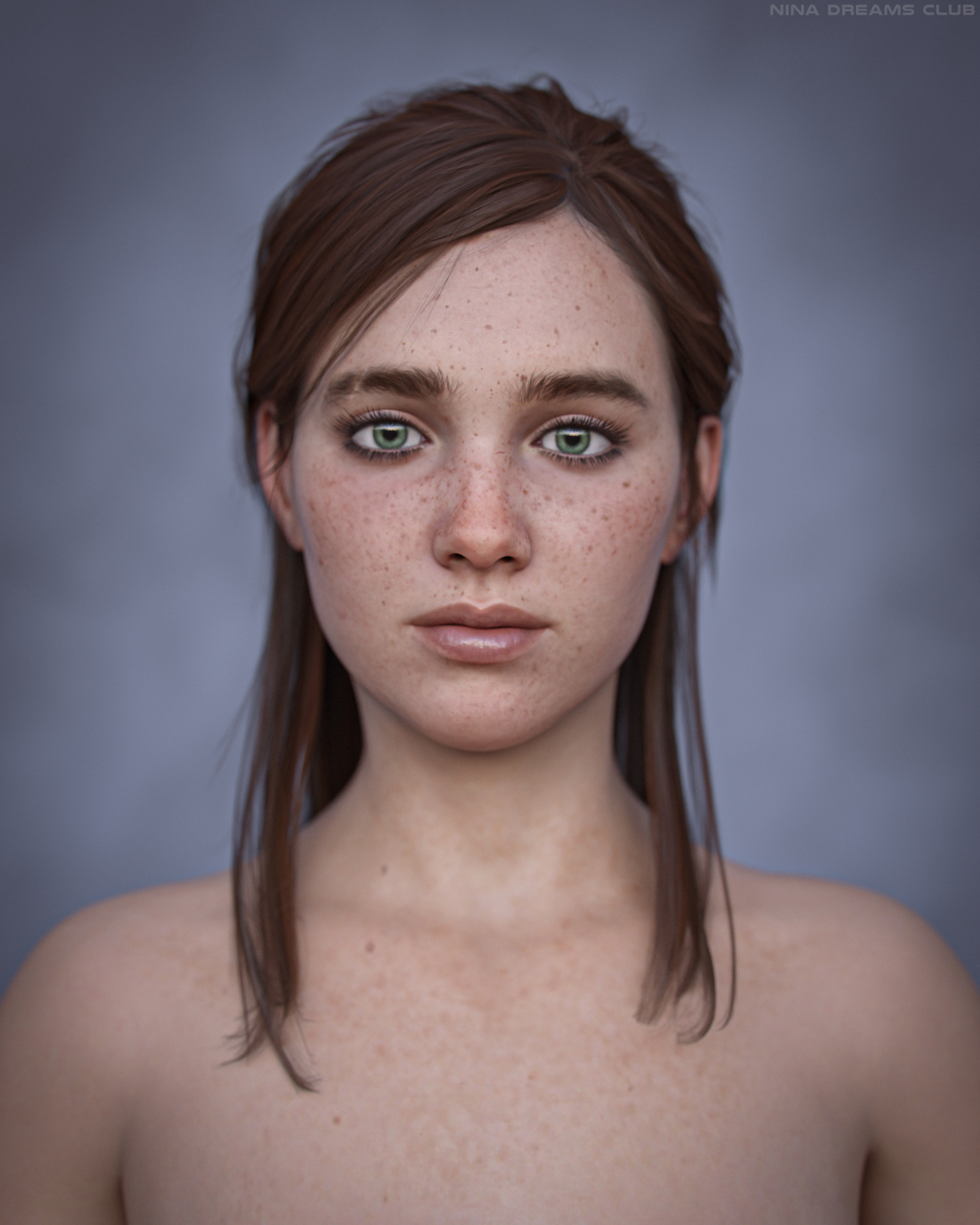 3d, athletic, athletic female, bare shoulders, blue eyes, brown hair, ellie (the last of us), ellie williams, female, female focus, female only, freckles, long hair, mugshot, nina3dx, tagme, the last of us, the last of us 2