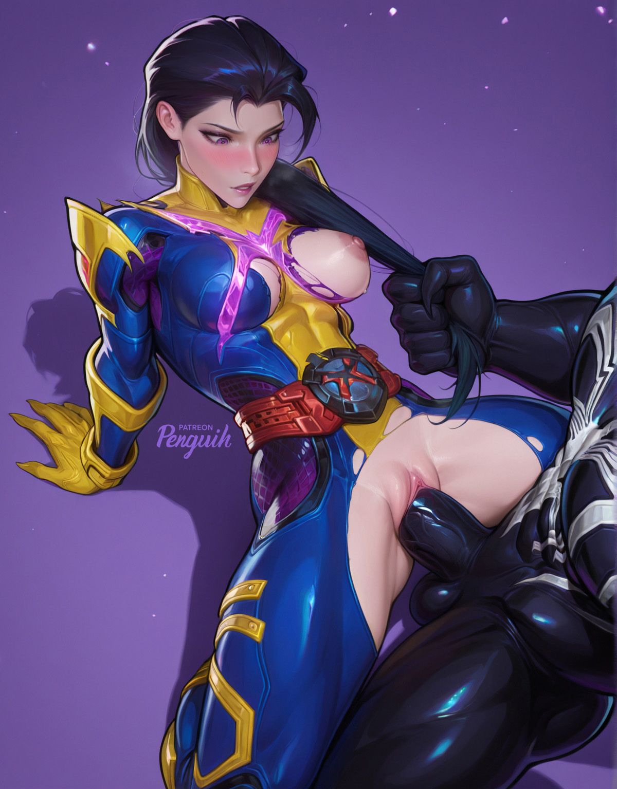 1boy, 1girls, ai assisted, ai generated, asian female, black body, black hair, blush, bodysuit, breasts, breasts out, butterfly, dominant male, energy, female, grabbing hair, hair grab, hair pull, hi res, large penis, light skin, light-skinned female, lying, lying on back, male, marvel, marvel comics, marvel rivals, medium breasts, missionary, missionary position, muscular, muscular male, nipples, on all fours, patreon username, penetration, penguih, penis, ponytail hold, ponytail pull, psylocke, psylocke (sai) (retro x-uniform), pulling, pulling hair, purple eyes, pussy, riding penis, ripped clothing, simple background, size difference, spider-man (series), symbiote, torn clothes, uncensored, vagina, vaginal penetration, vaginal sex, venom (marvel rivals), venom (marvel), video games, x-men