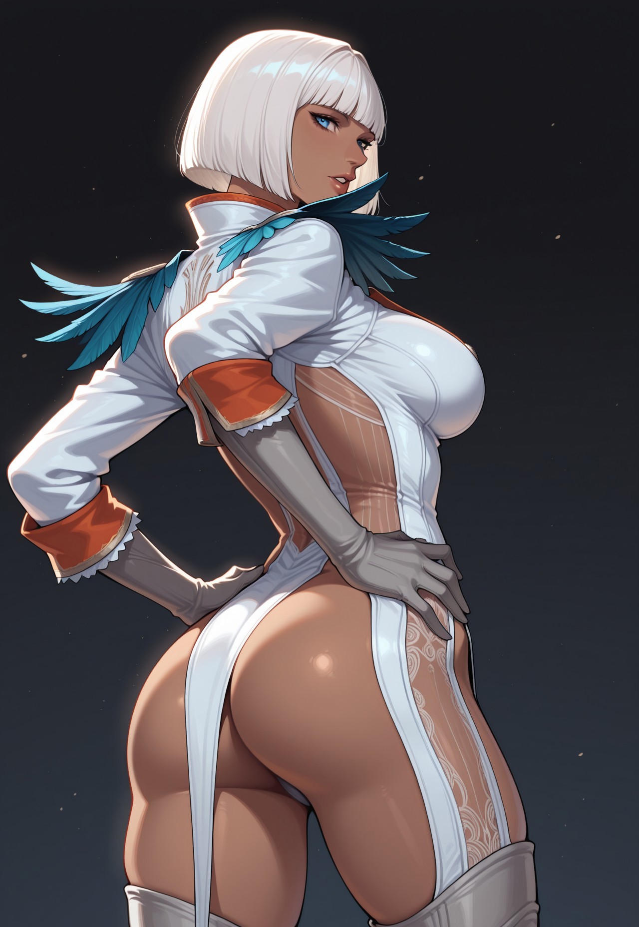 1girls, ai generated, ass, blue eyes, bob cut, breasts, demon, demon girl, devil may cry, devil may cry (series), devil may cry 4, female, female only, gloria (devil may cry), hand on hip, large breasts, looking at viewer, thighs, white bodysuit, white hair