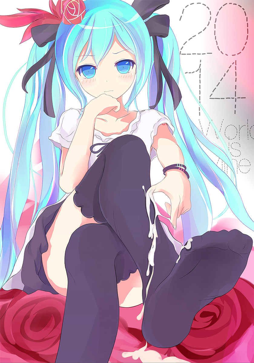 1girl, 2014, aqua eyes, aqua hair, blue eyes, blush, bracelet, copyright name, crossed legs, cum, cum on body, cum on clothes, cum on lower body, feet, female, flower, foot focus, gumo, hair flower, hair ornament, hair ribbon, hatsune miku, highres, jewelry, legs crossed, long hair, no shoes, ribbon, rose, sitting, skirt, soles, solo, thighhighs, tied hair, twintails, very long hair, vocaloid, world is mine (vocaloid)
