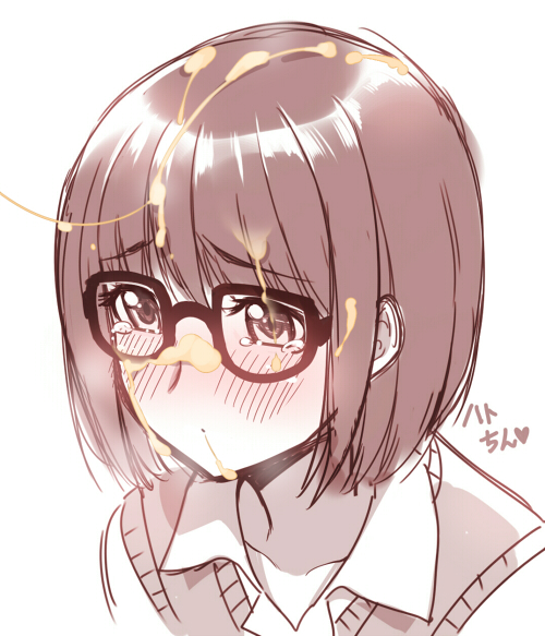 1boy androgynous blush brown_hair bukkake clothing cum cum_on_glasses cum_on_hair facial flying_sweatdrops genshiken glasses hato_kenjirou male monochrome short_hair solo sweat trap zpolice