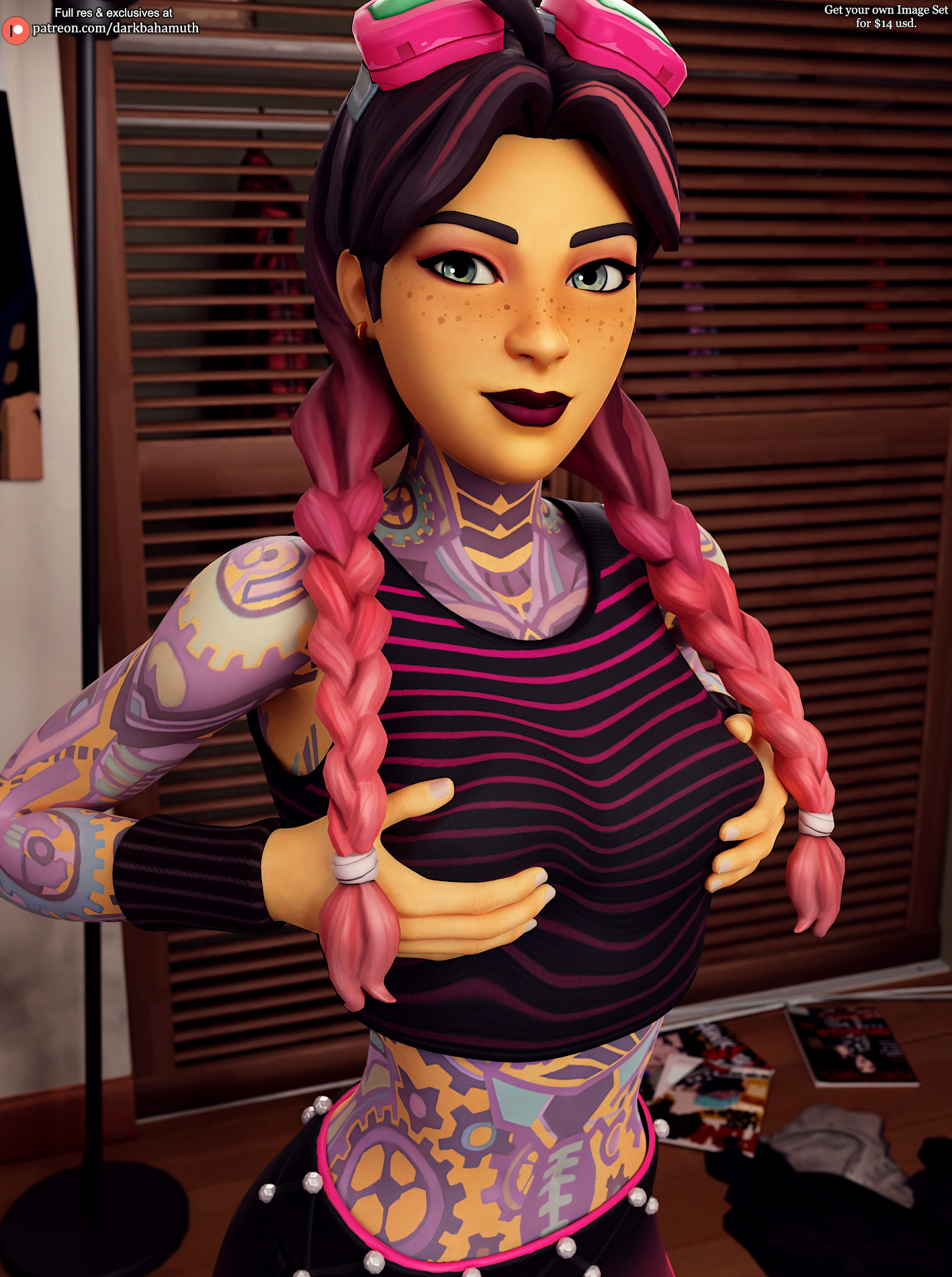 3d, 3d (artwork), beach jules, breasts, darkbahamuth, female, fortnite, grabbing own breast, jules (fortnite), pinup, sfw, tattoos everywhere, teenage female, teenager