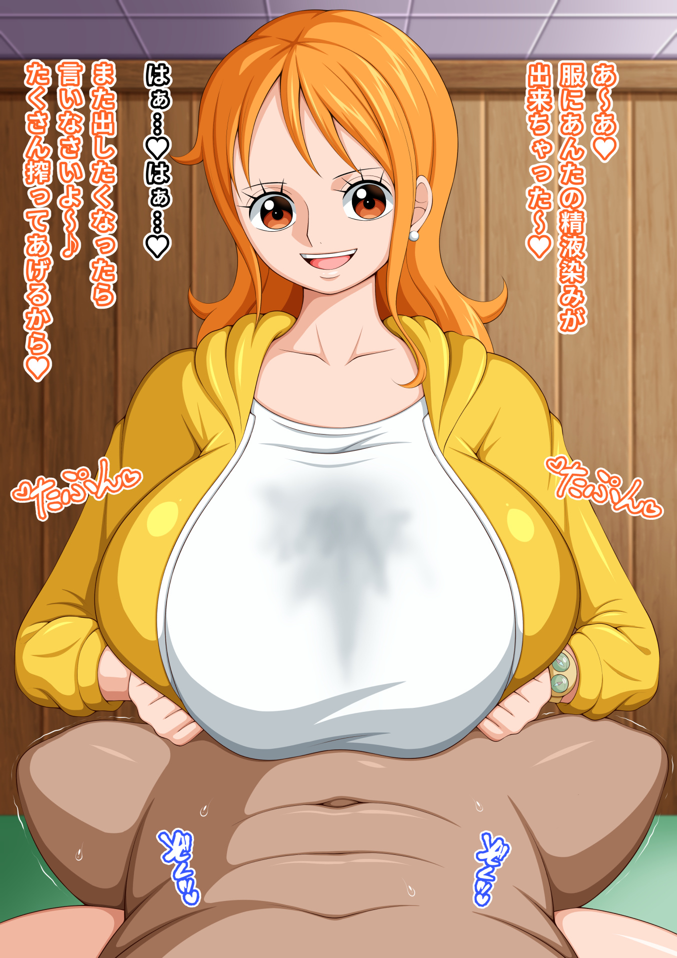 boner, boobjob, breasts, clothing, cum, cum on breasts, cum on face, erection, female, japanese text, koktter, male, nami (one piece), nipples, one piece, one-piece, paizuri, penis, penis between breasts, text, titsjob, translation request